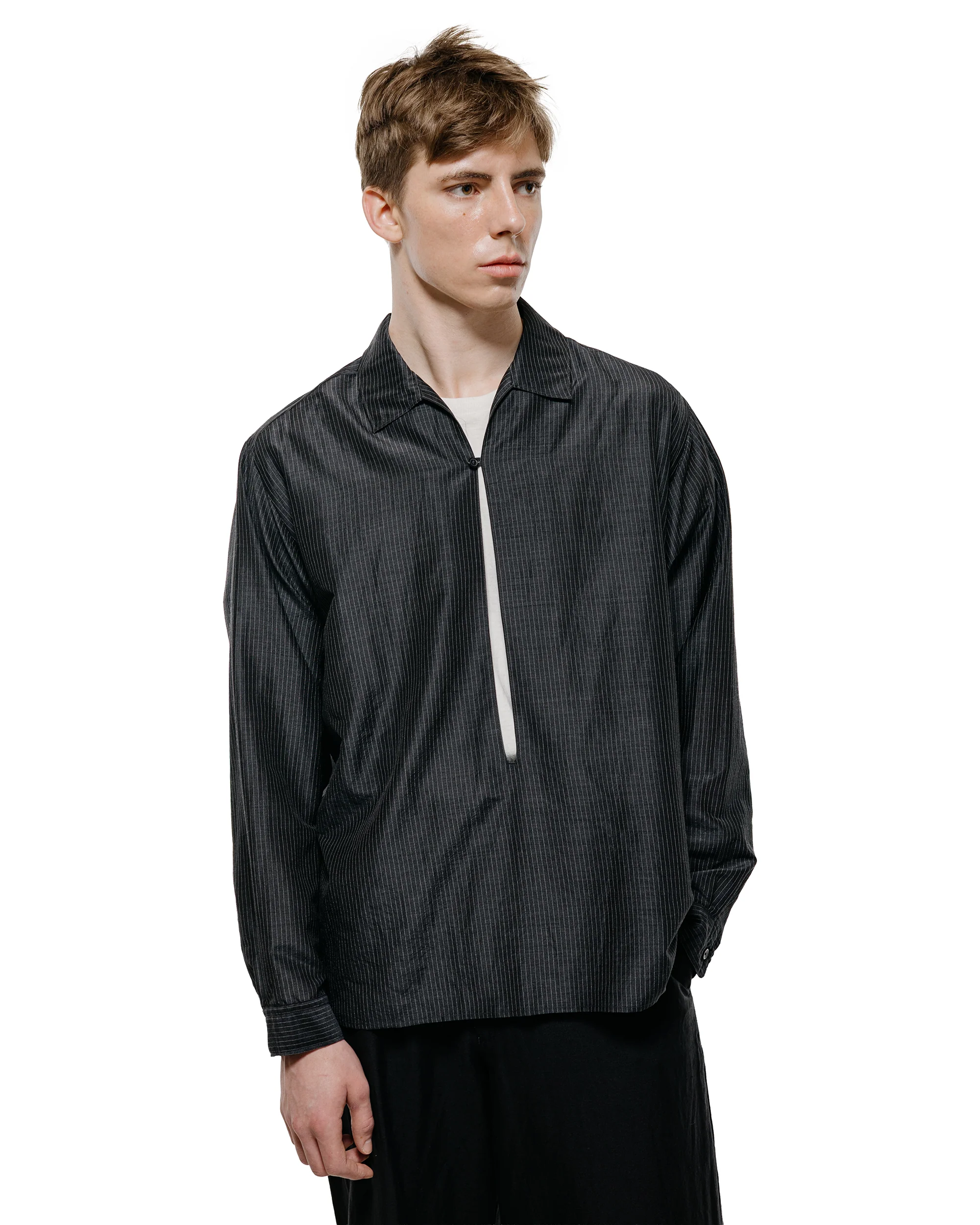 marka Skipper Shirt Wool Silk Feather Cloth Charcoal Stripe - Image 2
