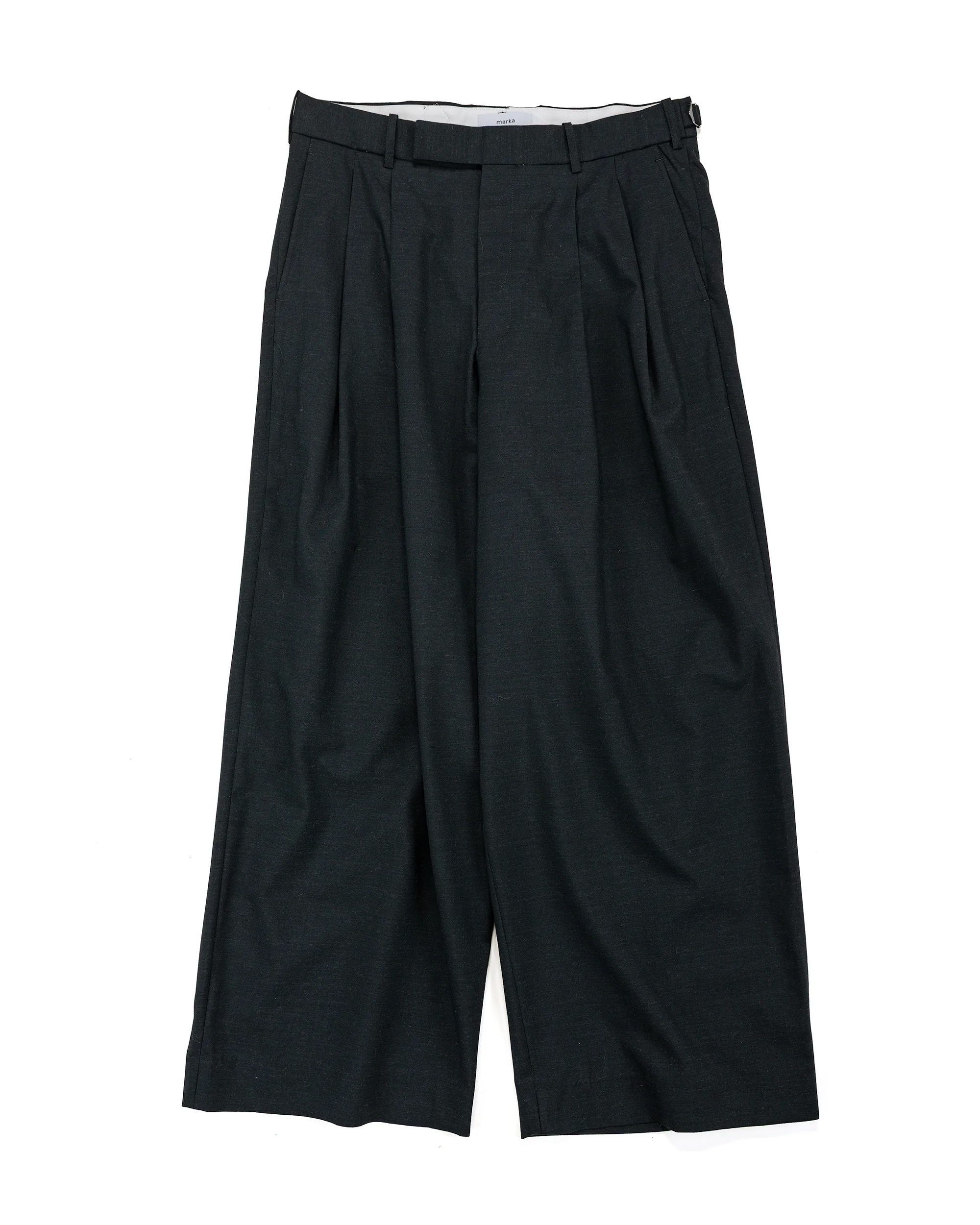 marka Two Tuck Baggy Trousers 2/72 Wool Tropical Washer Chambray Black