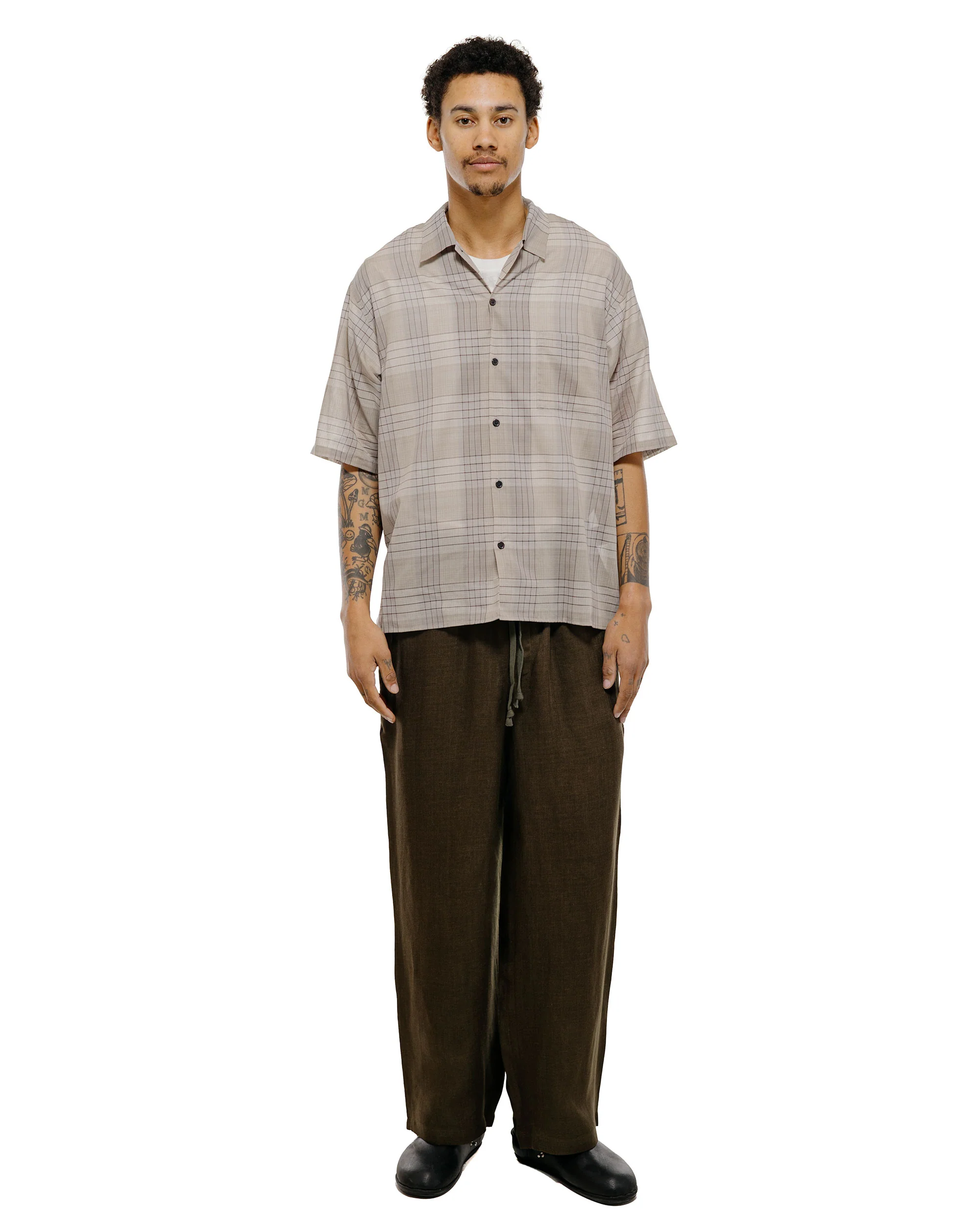 marka Wide Cylinder Fit Easy Pants Linen Gauze Double Cloth Olive - Image 5