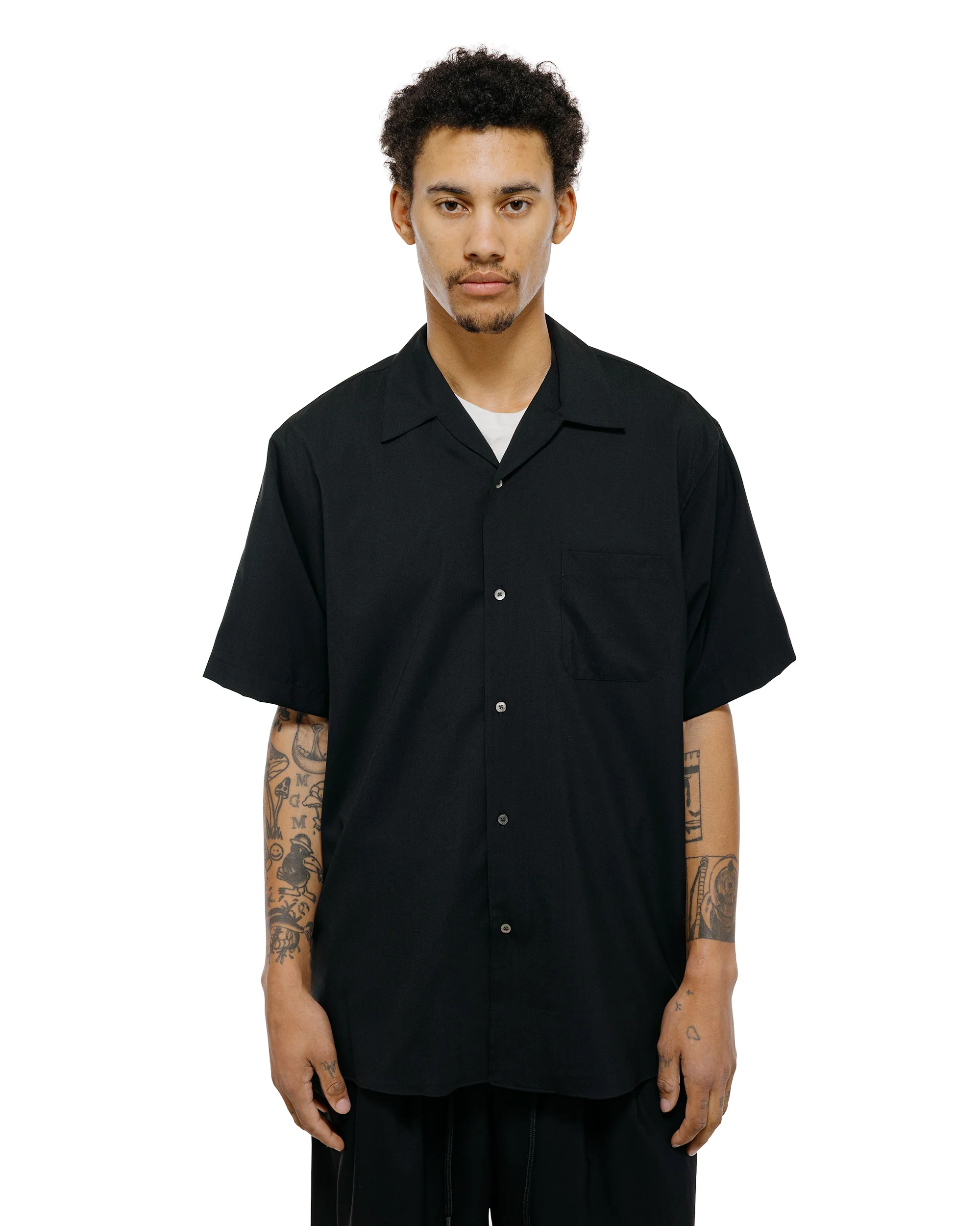 MARKAWARE Italian Open Collar S/S Shirt Organic Wool 2/80 Tropical Black - Image 2