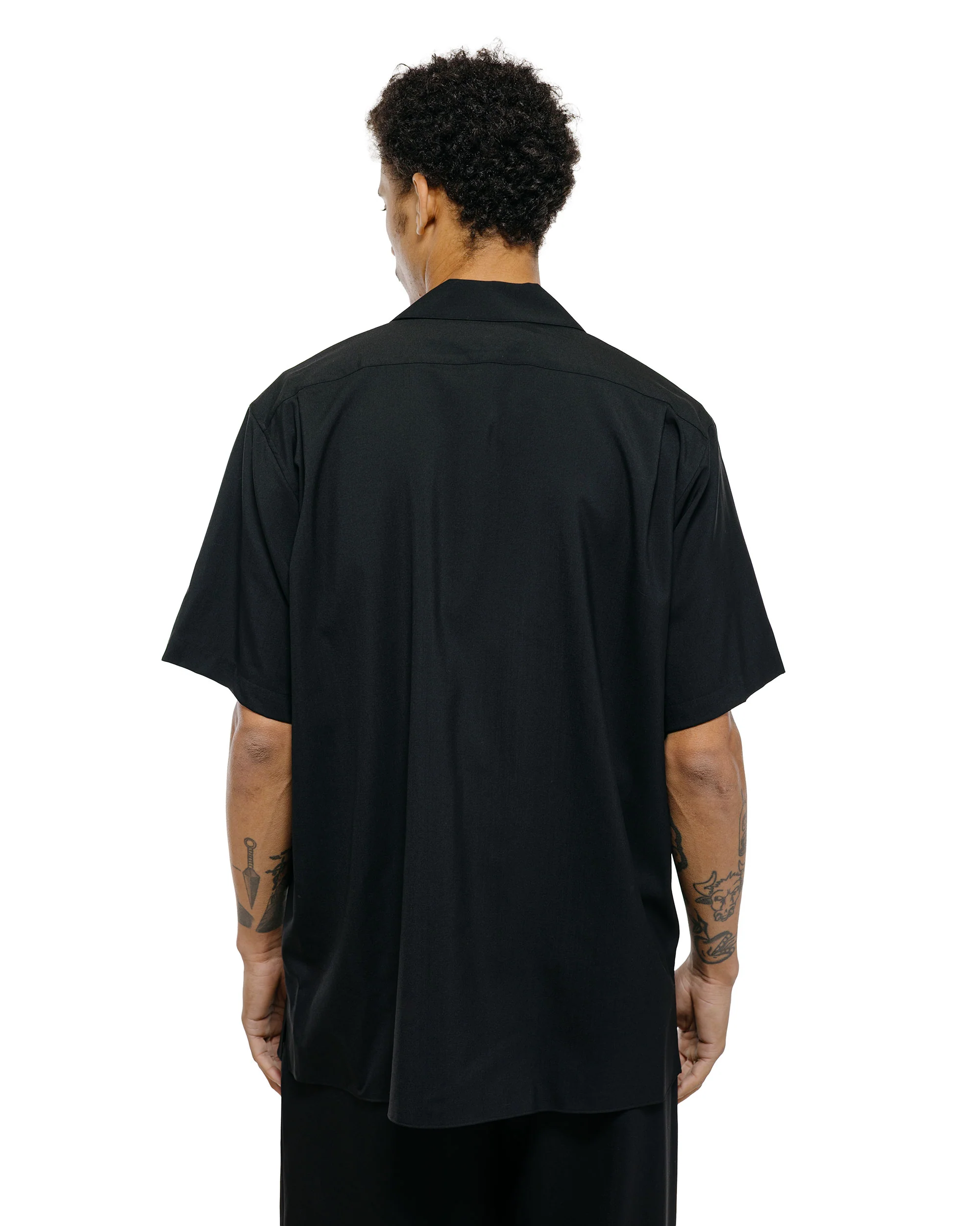 MARKAWARE Italian Open Collar S/S Shirt Organic Wool 2/80 Tropical Black - Image 3