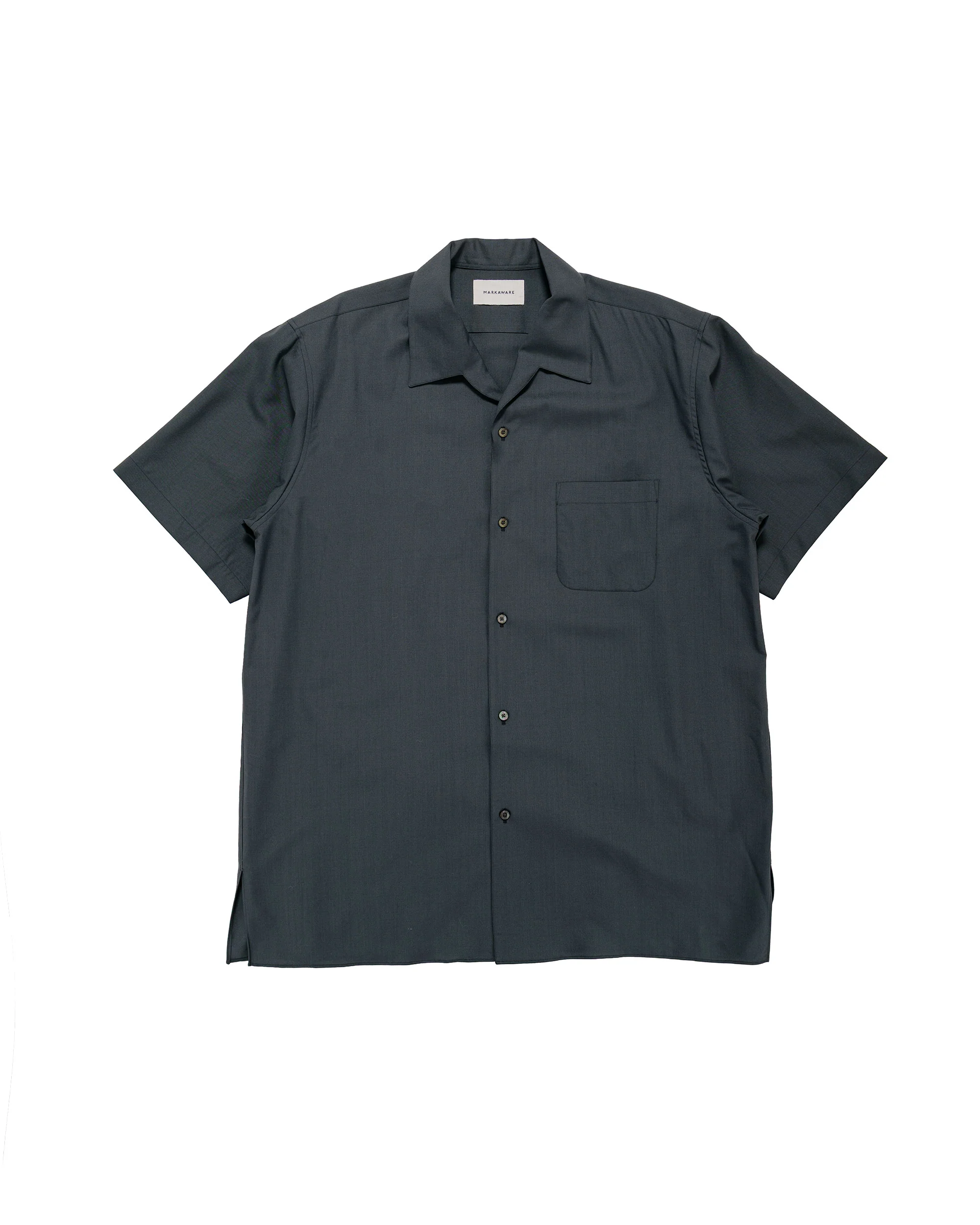 MARKAWARE Italian Open Collar S/S Shirt Organic Wool 2/80 Tropical Charcoal