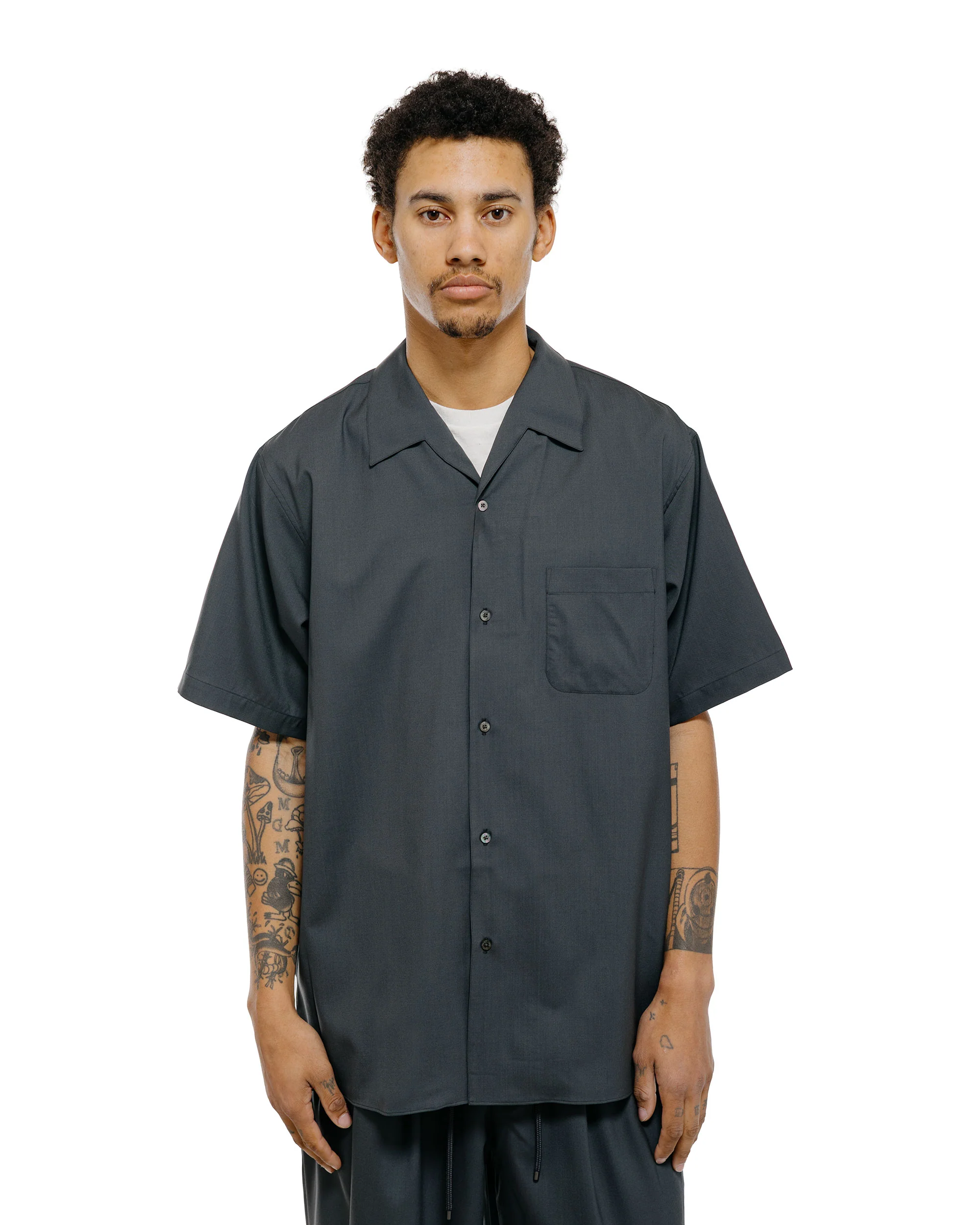 MARKAWARE Italian Open Collar S/S Shirt Organic Wool 2/80 Tropical Charcoal - Image 2