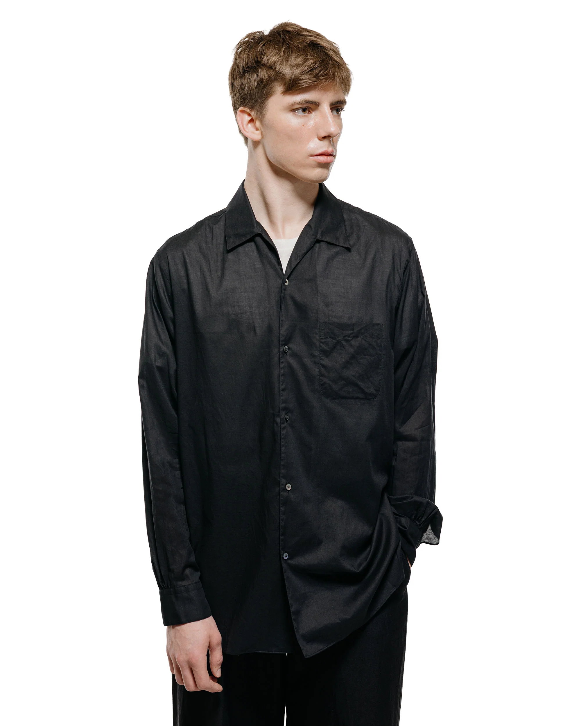 MARKAWARE Italian Open Collar Shirt Organic Cotton 90/1 Lawn Black - Image 2