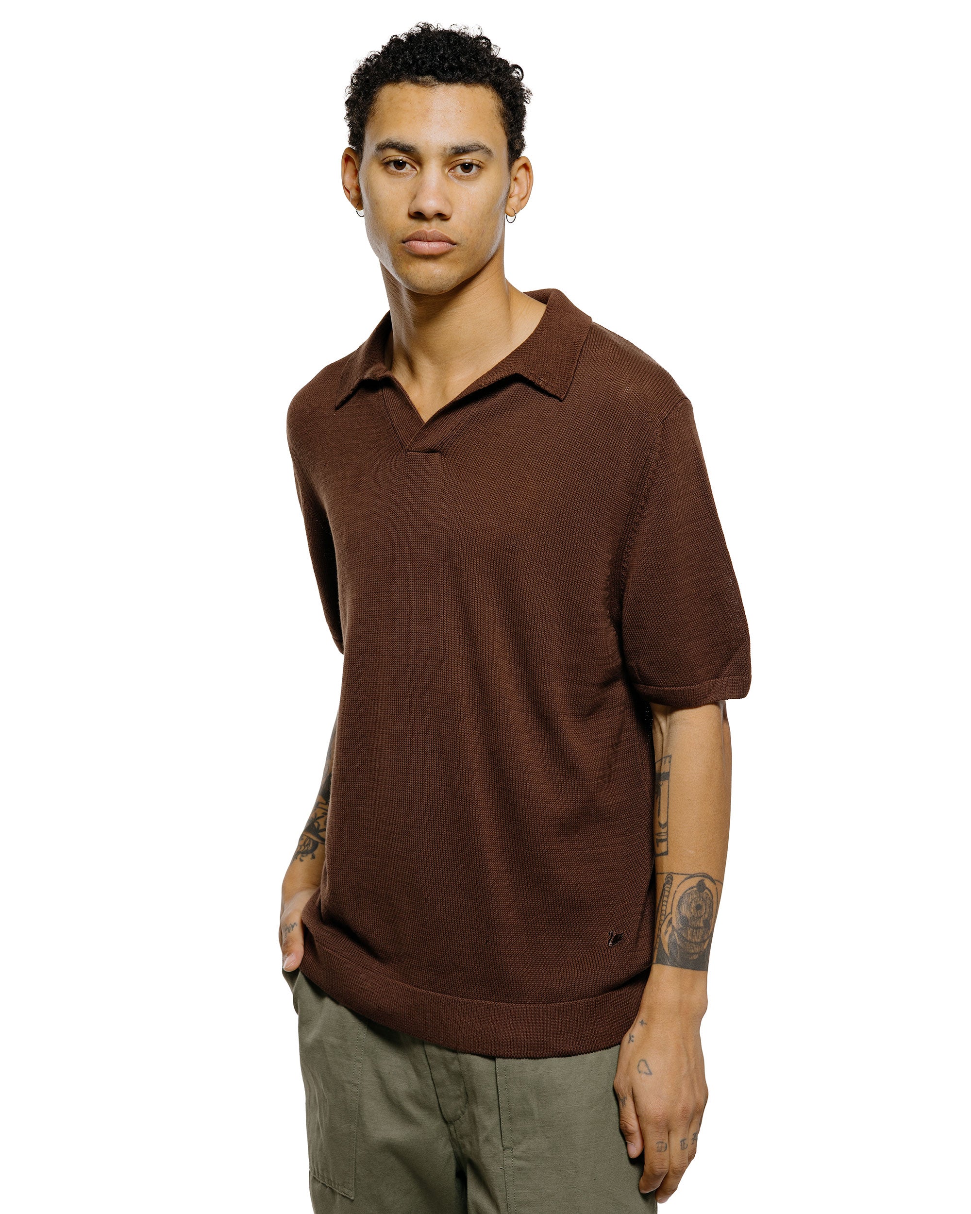 Merz B. Schwanen KNITPOLO02 Cotton Short Sleeve Polo Shirt Chocolate - Image 2