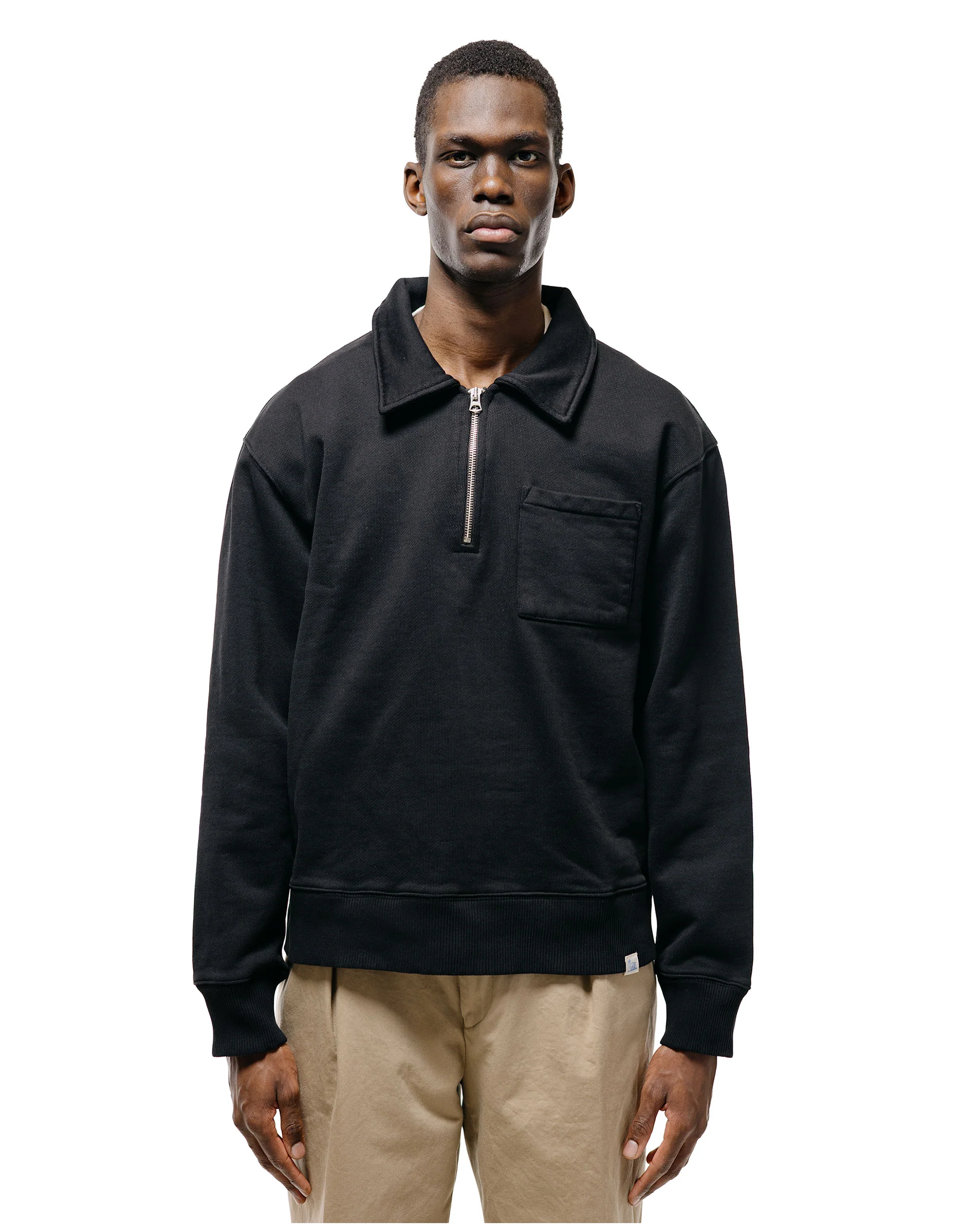 Merz B. Schwanen ZIP03 Authentic Fleece Polo Collared Half-Zip Cotton Sweatshirt Deep Black - Image 2