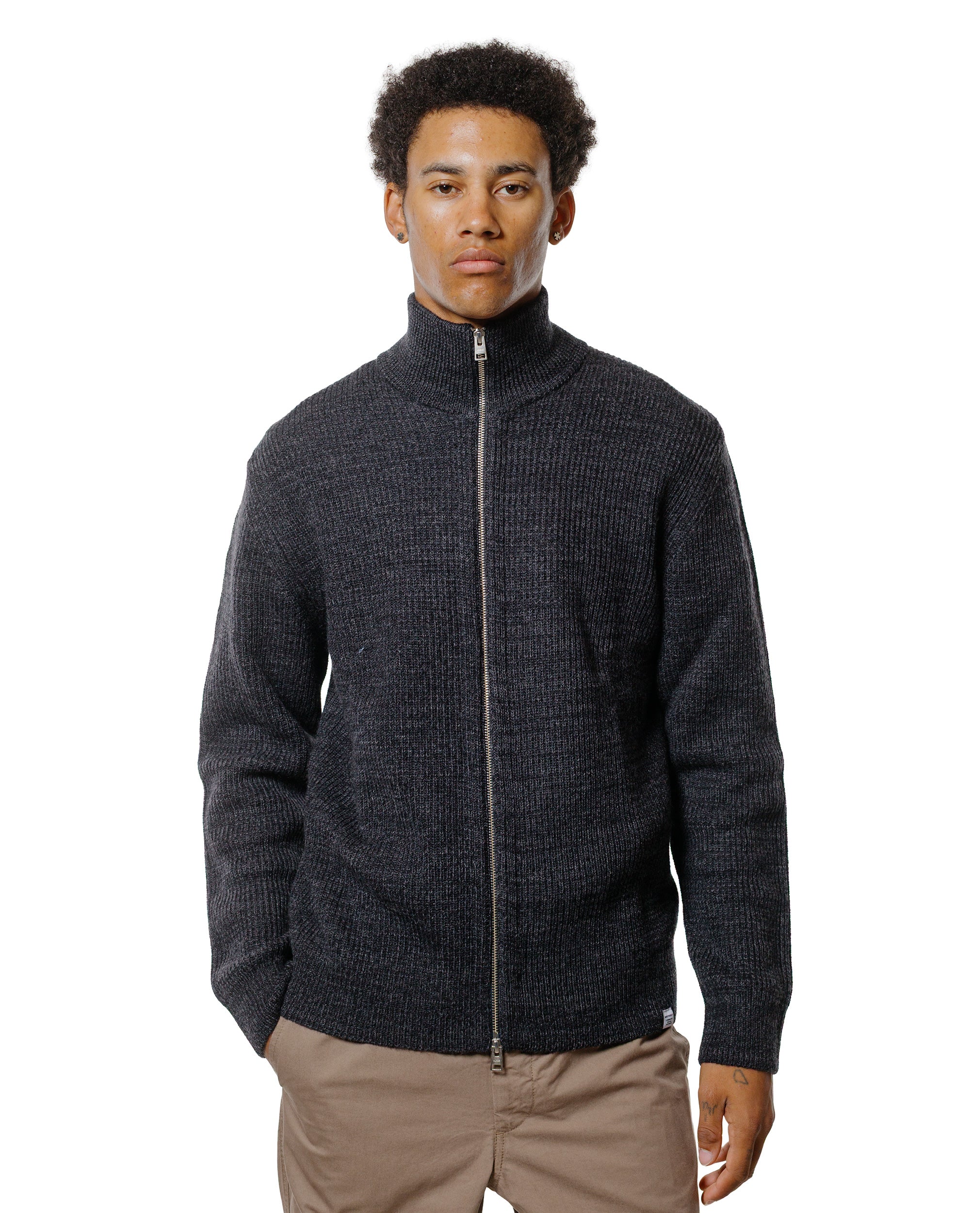 Norse Projects Hagen Wool Cotton Rib Full Zip Jacket Dark Grey Melange - Image 2