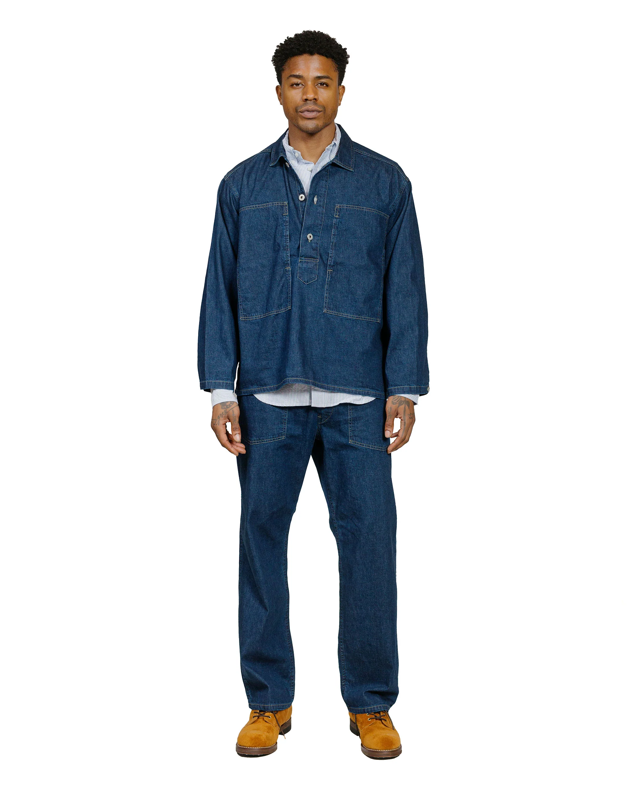 Post O'Alls ARMY Pants Blue Denim w/OD Yellow Stitch Indigo - Image 4