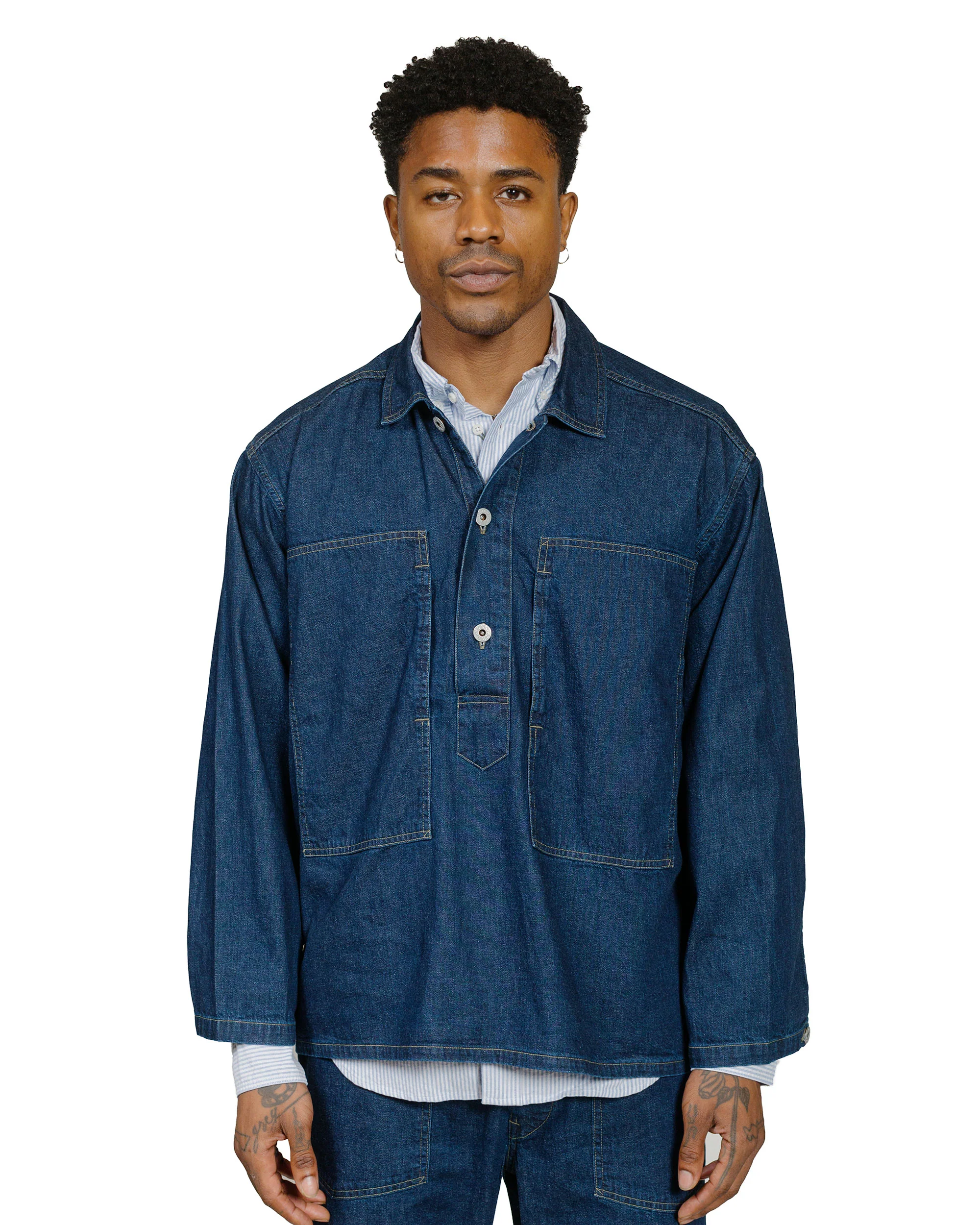 Post O'Alls ARMY Shirt Blue Denim w/OD Yellow Stitch Indigo - Image 2