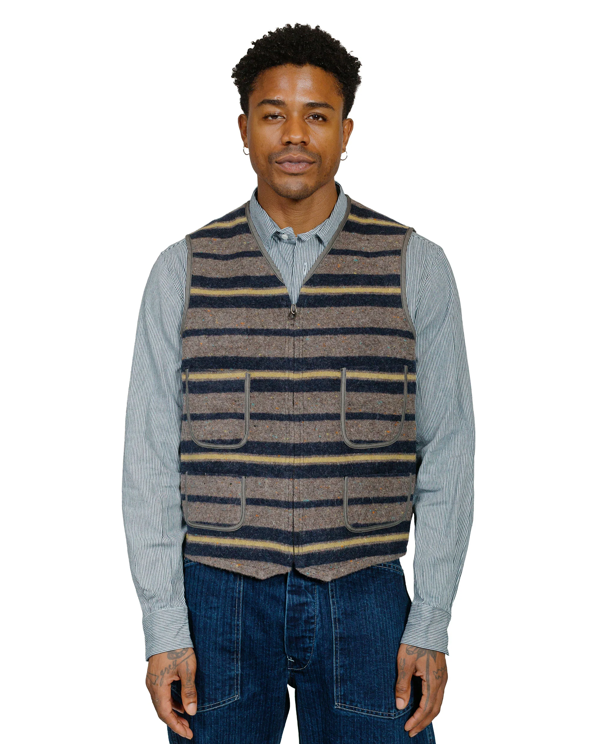 Post O'Alls Fleece Vest Trashed Wool Navy Stripe - Image 2