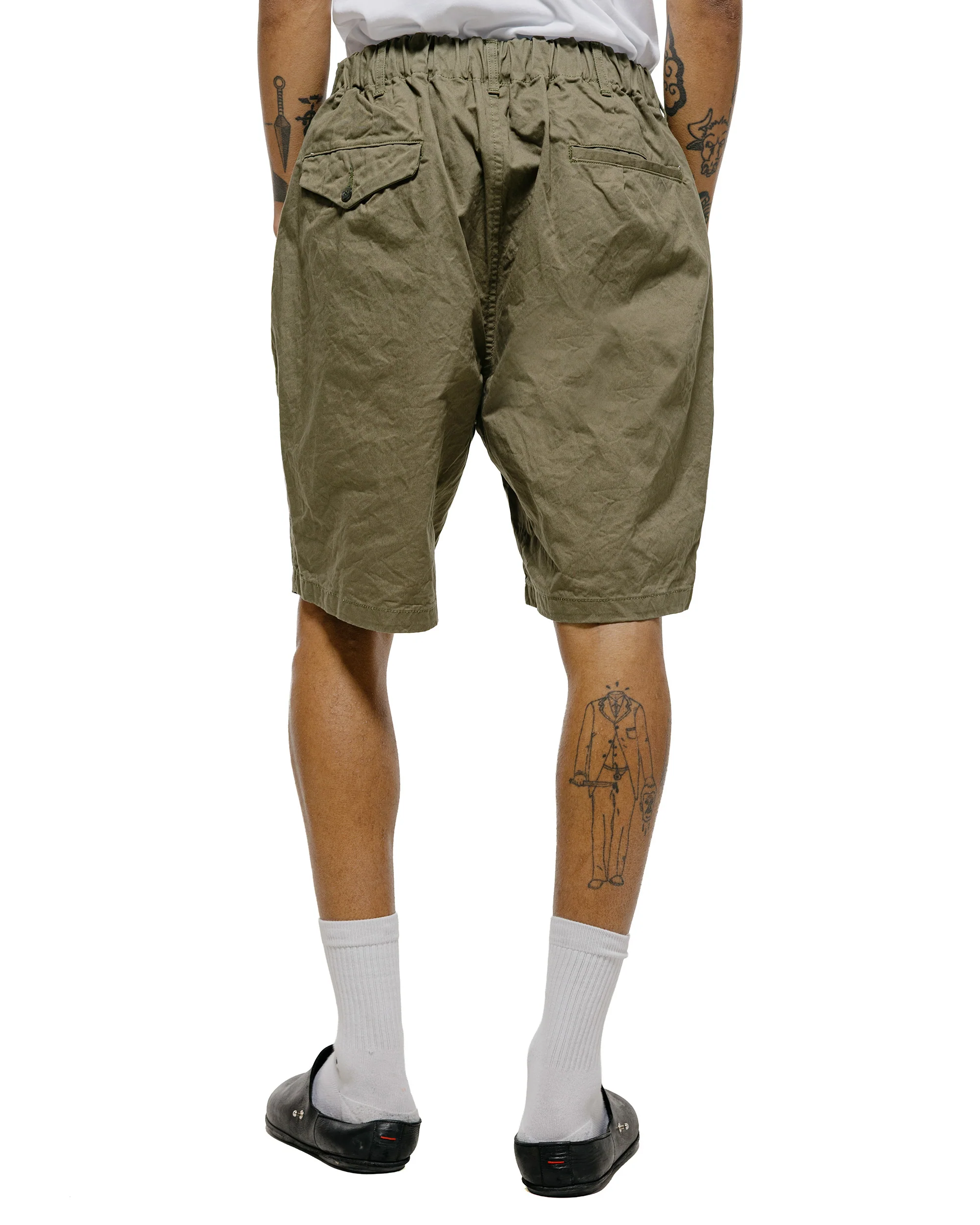Sage de Cret CO Chino Cloth Crinkle Single Pleated Peg Top Wide Short Pants Olive - Image 3