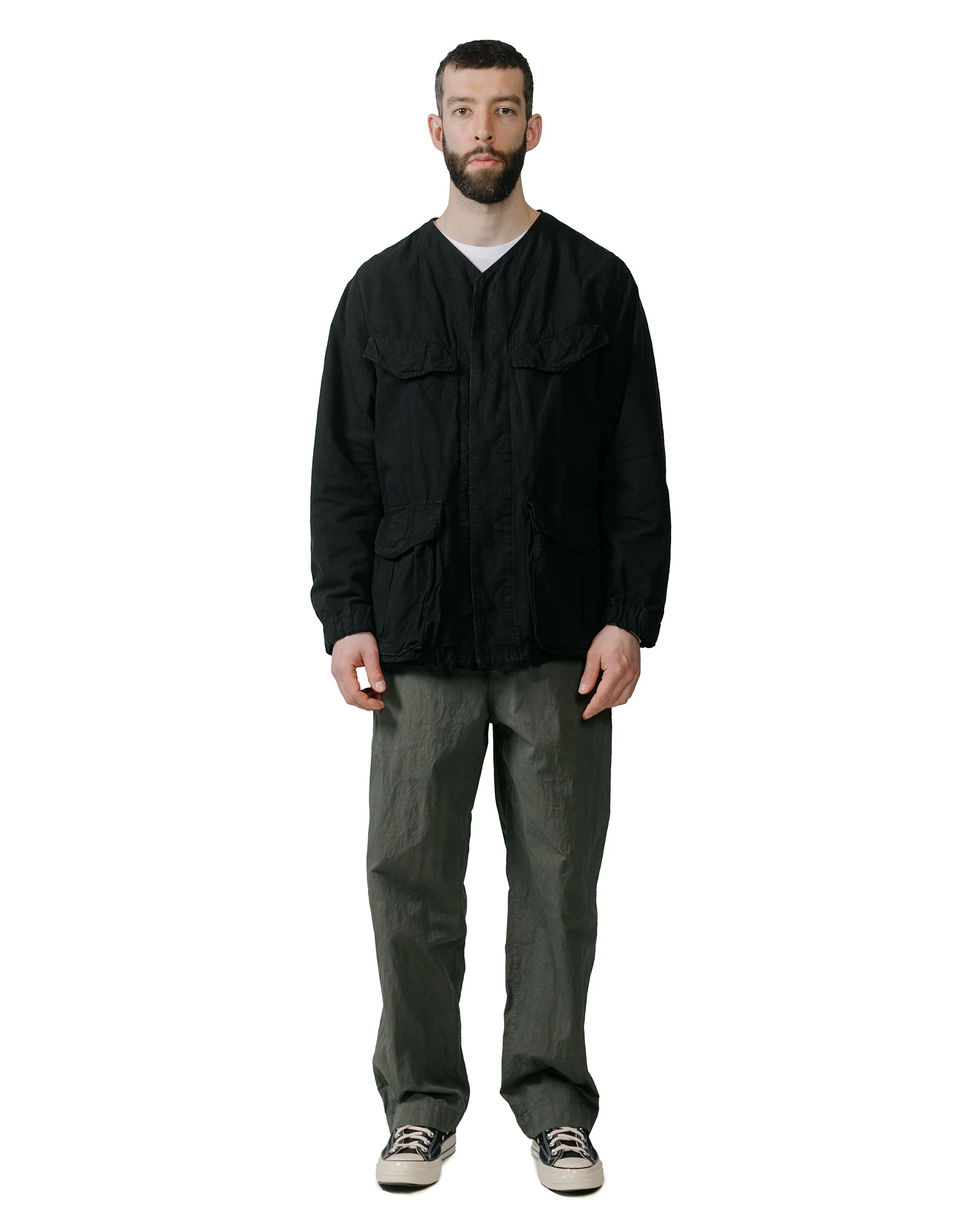 Sage de Cret High Density Cotton Hemp Collarless Fatigue Jacket Black - Image 4