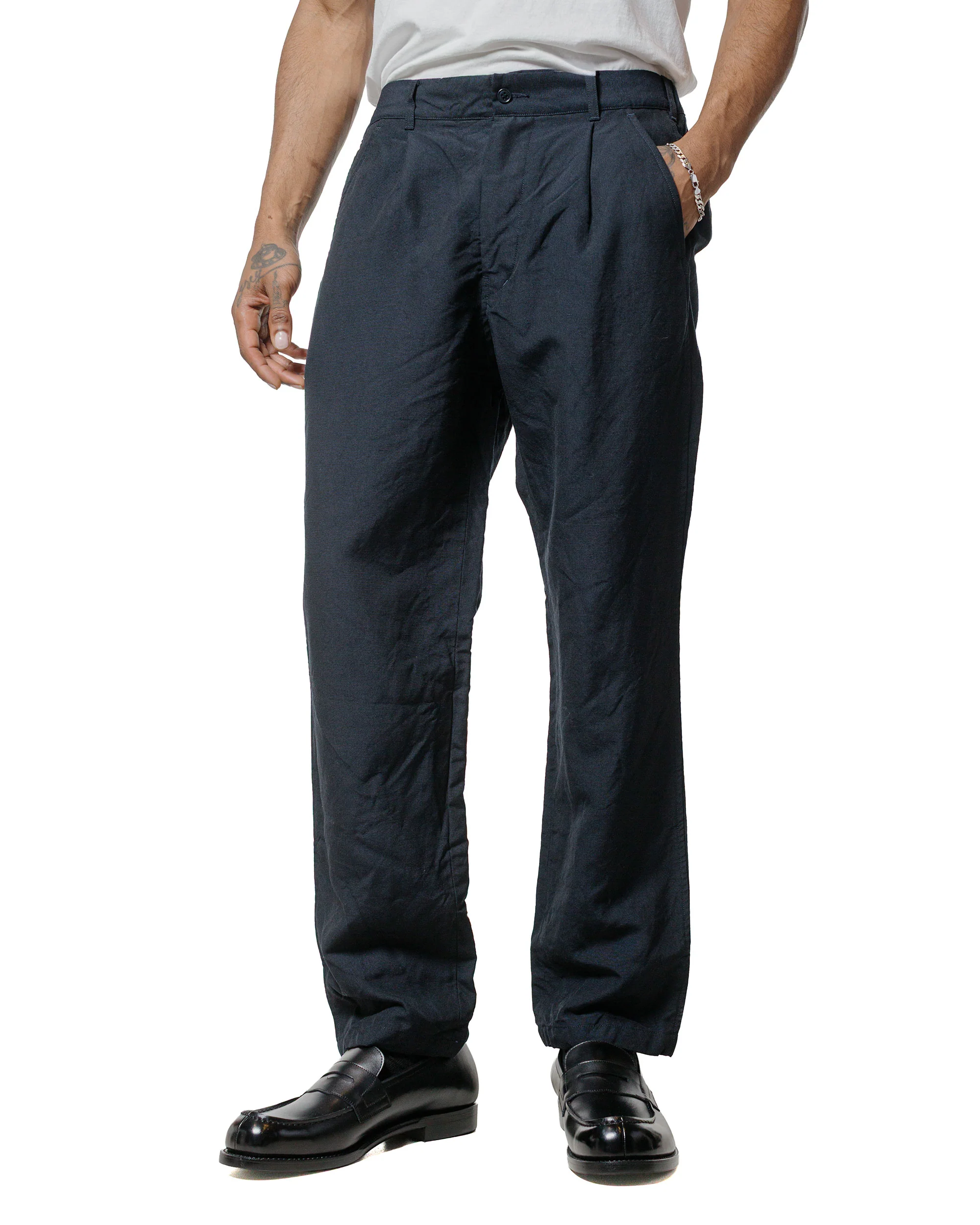 Sage de Cret High Density Wool/Linen Oxford Pegtop Single Pleat Pants Navy - Image 2