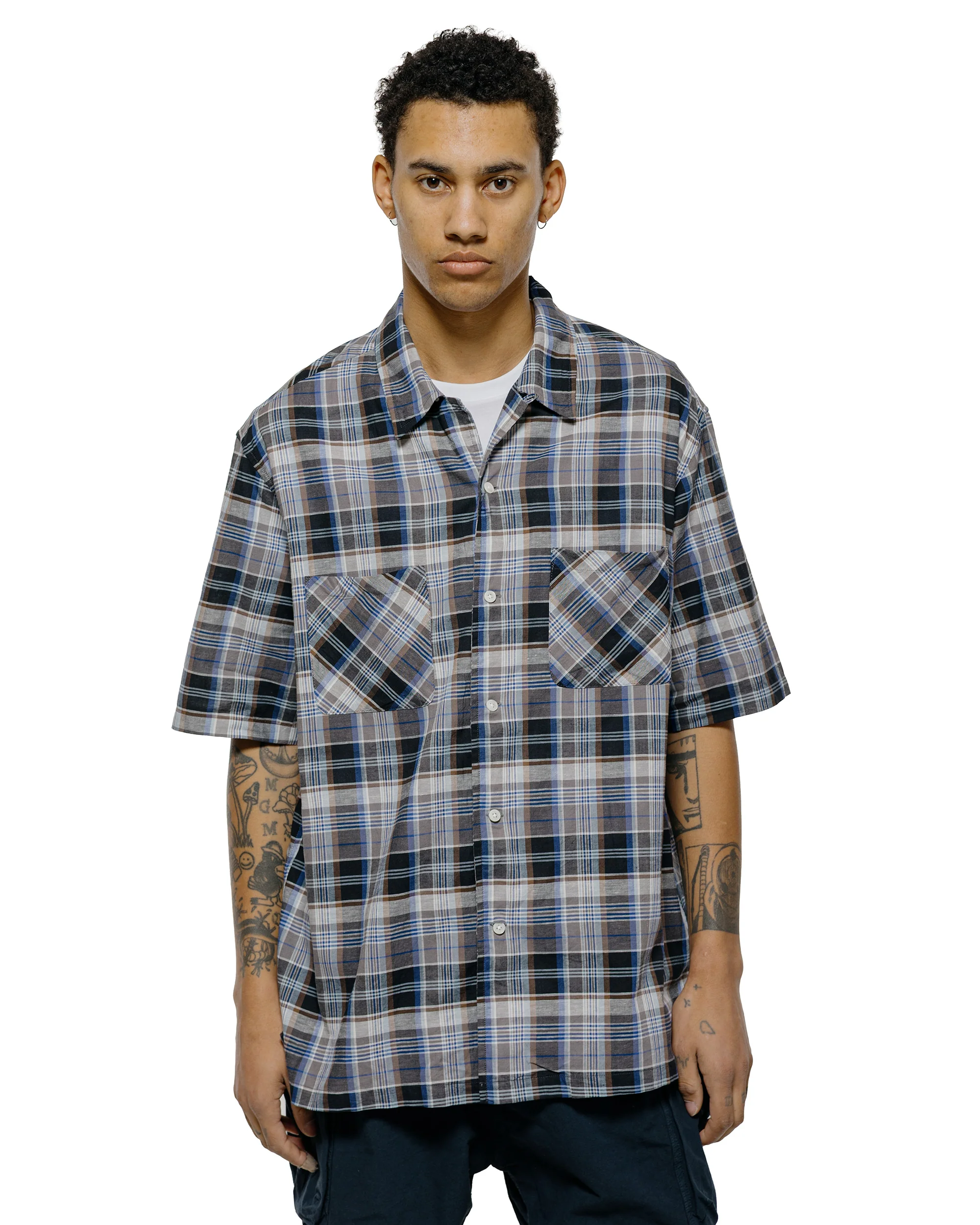 Sage de Cret Organic CO/LI Madras Check Short Sleeve Open Collar Shirt Gray - Image 2