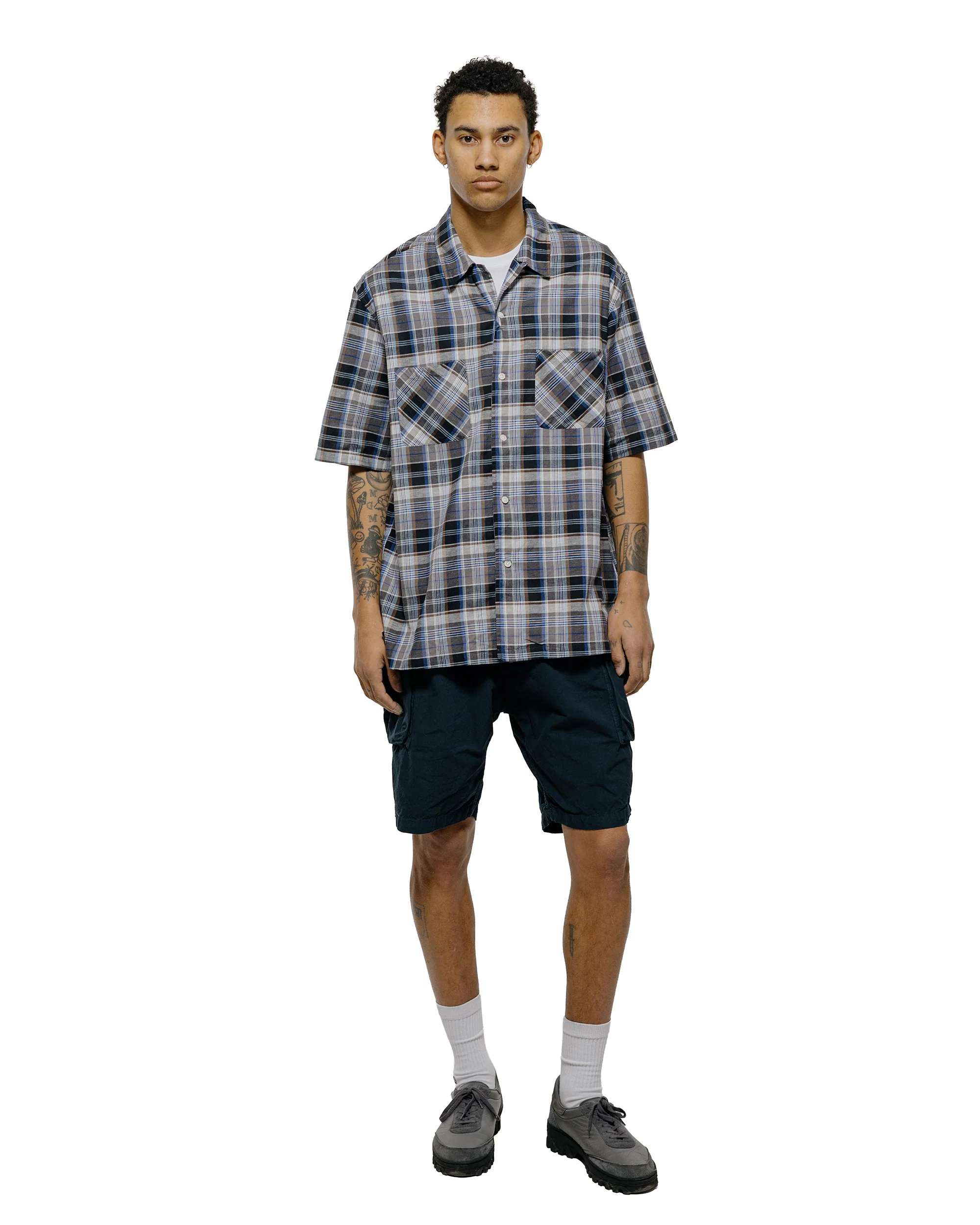 Sage de Cret Organic CO/LI Madras Check Short Sleeve Open Collar Shirt Gray - Image 4
