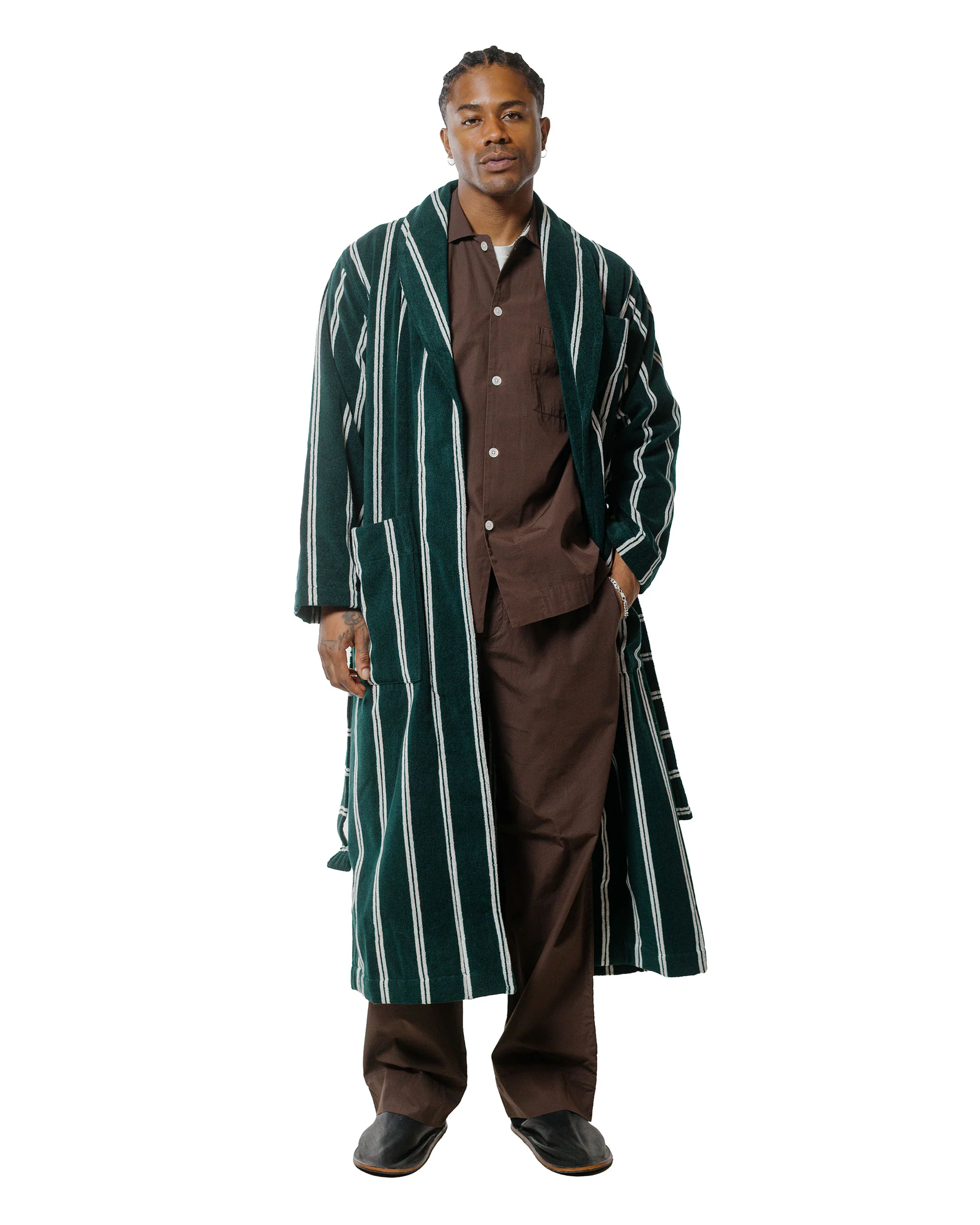 Tekla Terry Classic Bathrobe Forest Green Stripes - Image 2