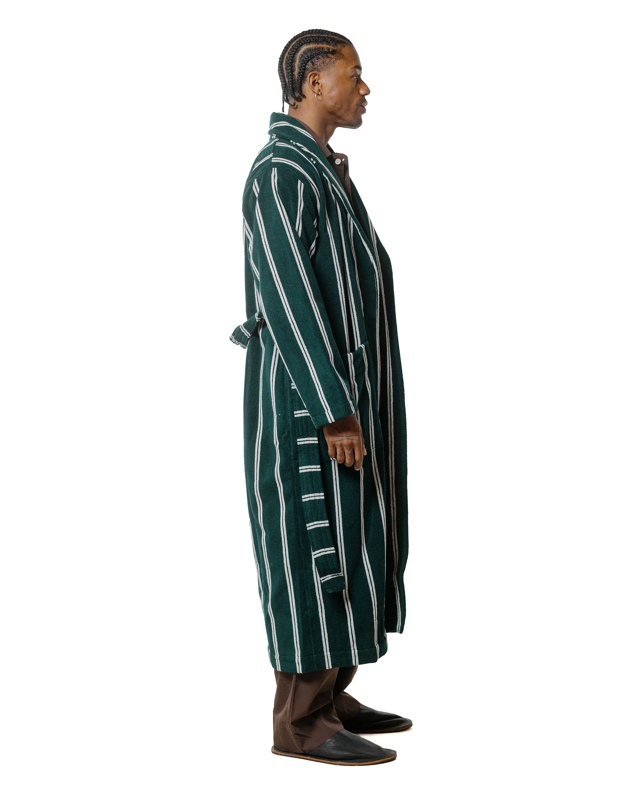 Tekla Terry Classic Bathrobe Forest Green Stripes - Image 3