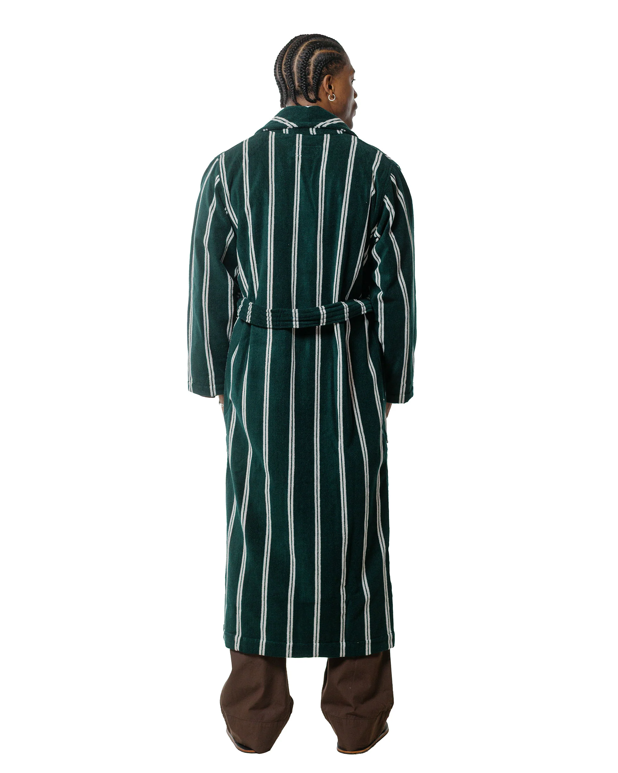 Tekla Terry Classic Bathrobe Forest Green Stripes - Image 4