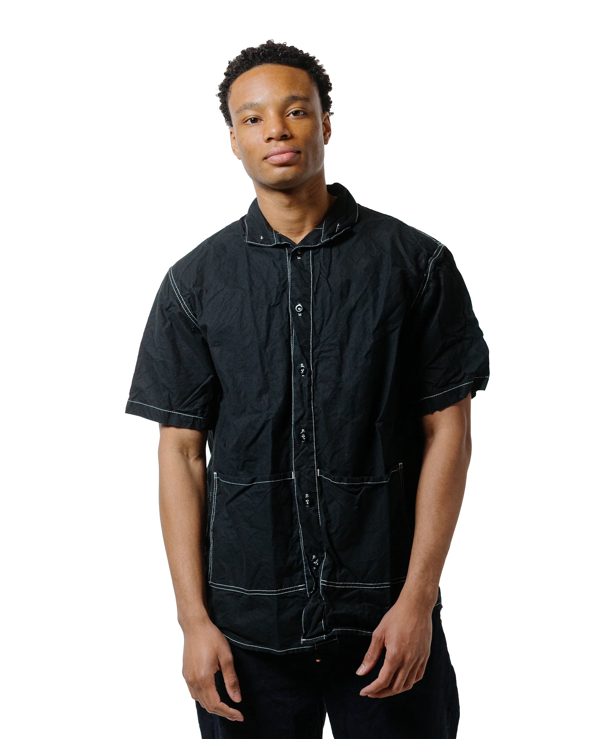 Tender Type 469 Short Sleeve Flipped Collar Shirt Black Cotton Panama Rinsed - Image 2
