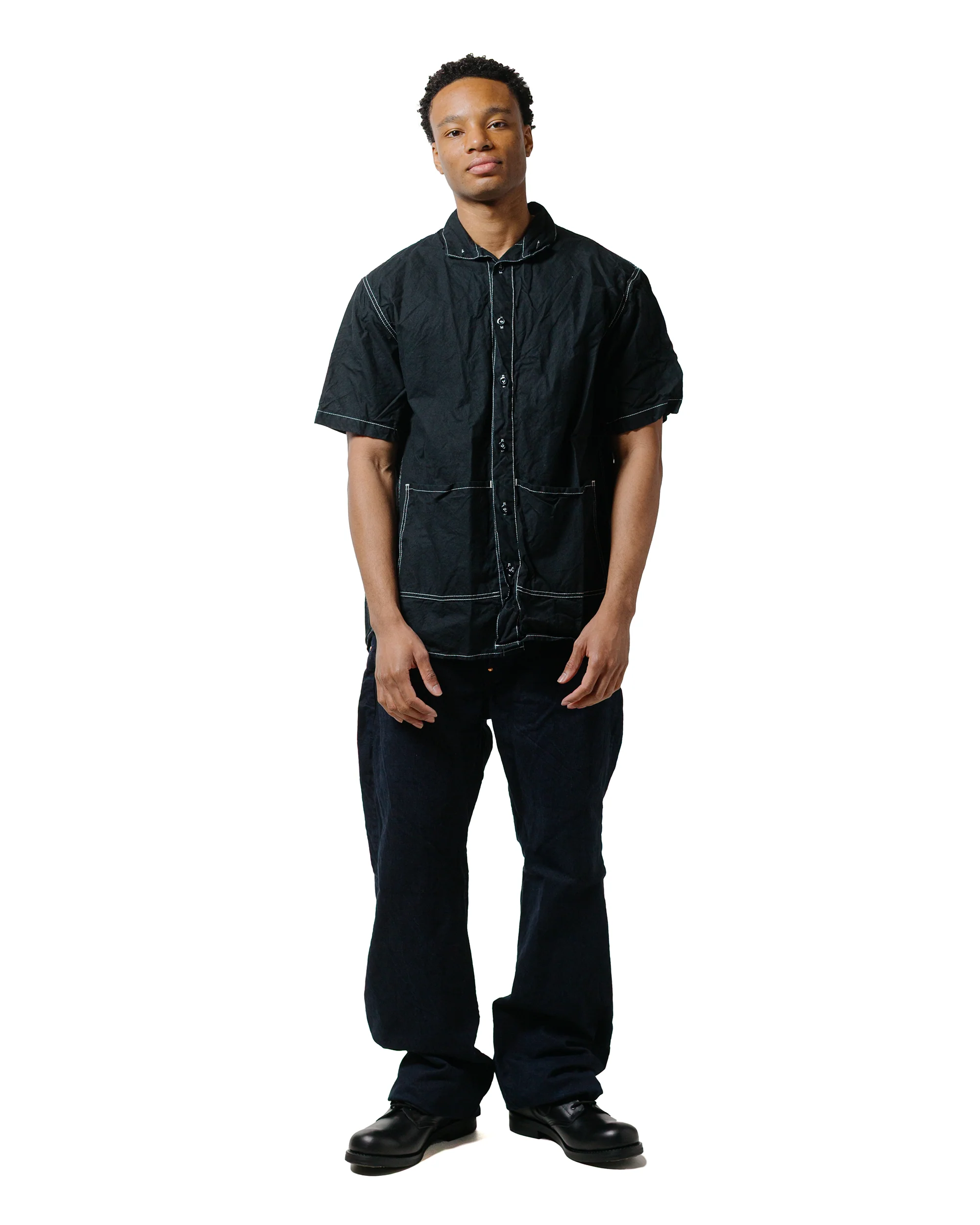 Tender Type 469 Short Sleeve Flipped Collar Shirt Black Cotton Panama Rinsed - Image 4