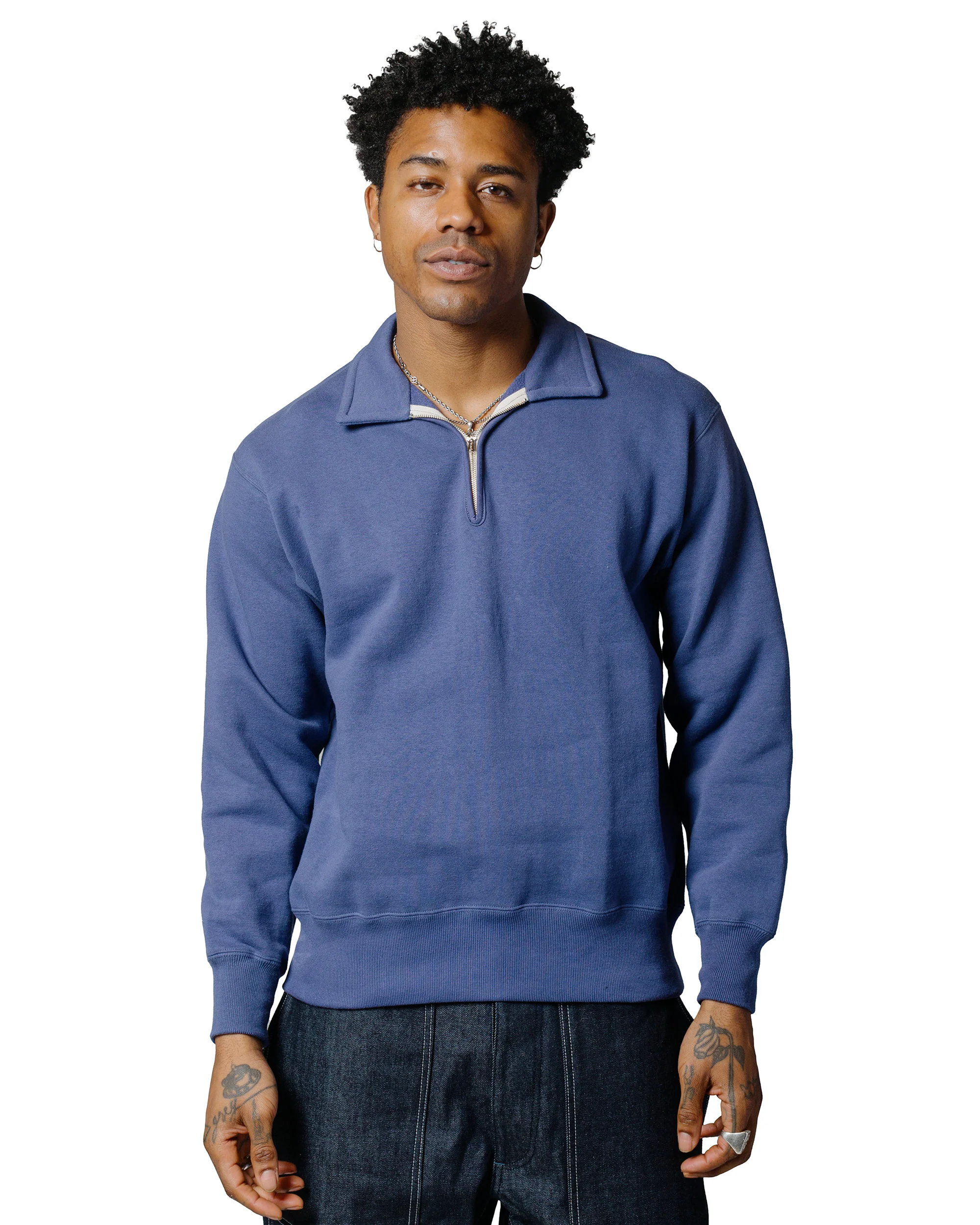 The Real McCoy’s MC24115 10 Oz. Loopwheel 1/4 Zip Sweatshirt MQ Navy - Image 2