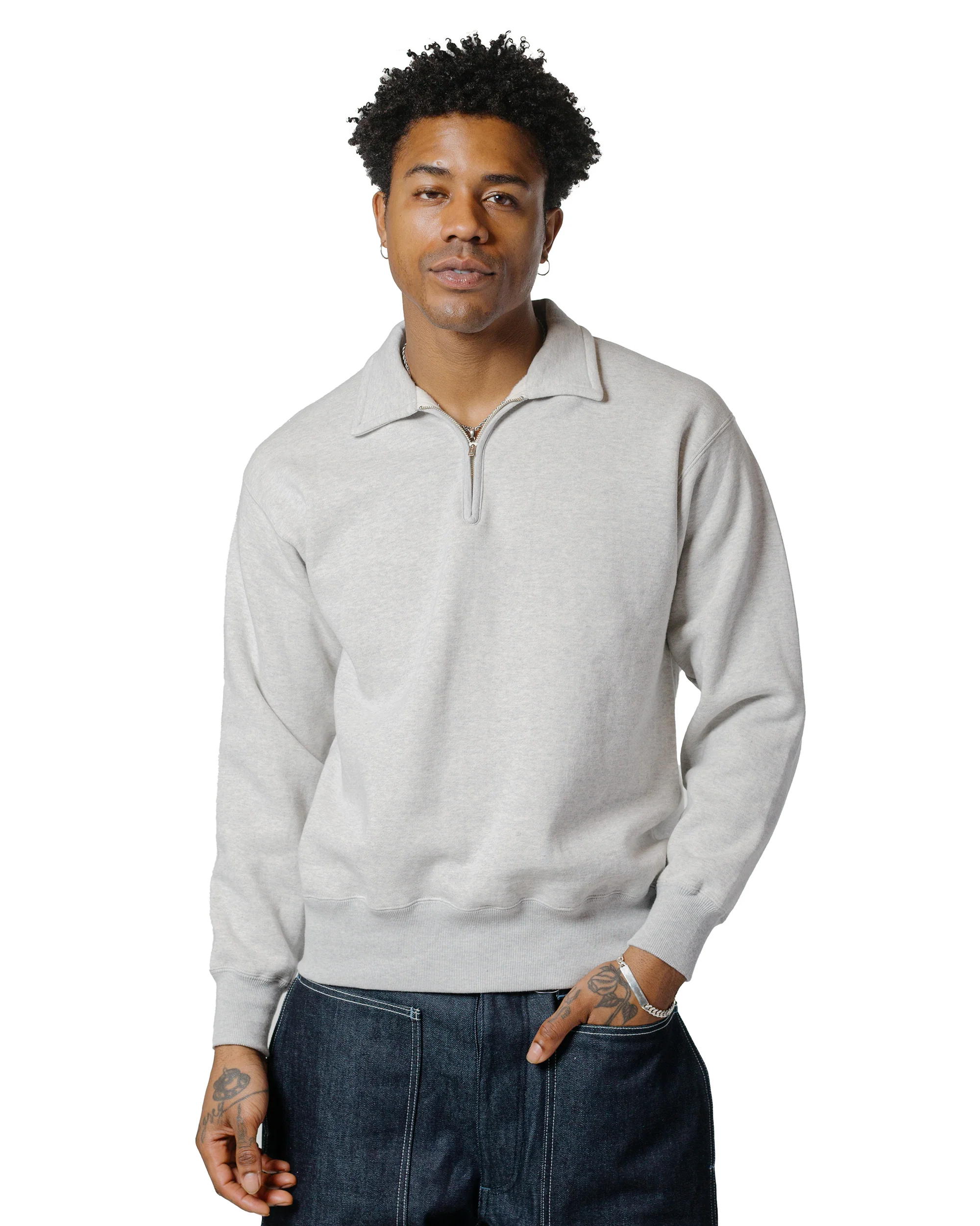 The Real McCoy’s MC24115 10 Oz. Loopwheel 1/4 Zip Sweatshirt Snow Gray - Image 2