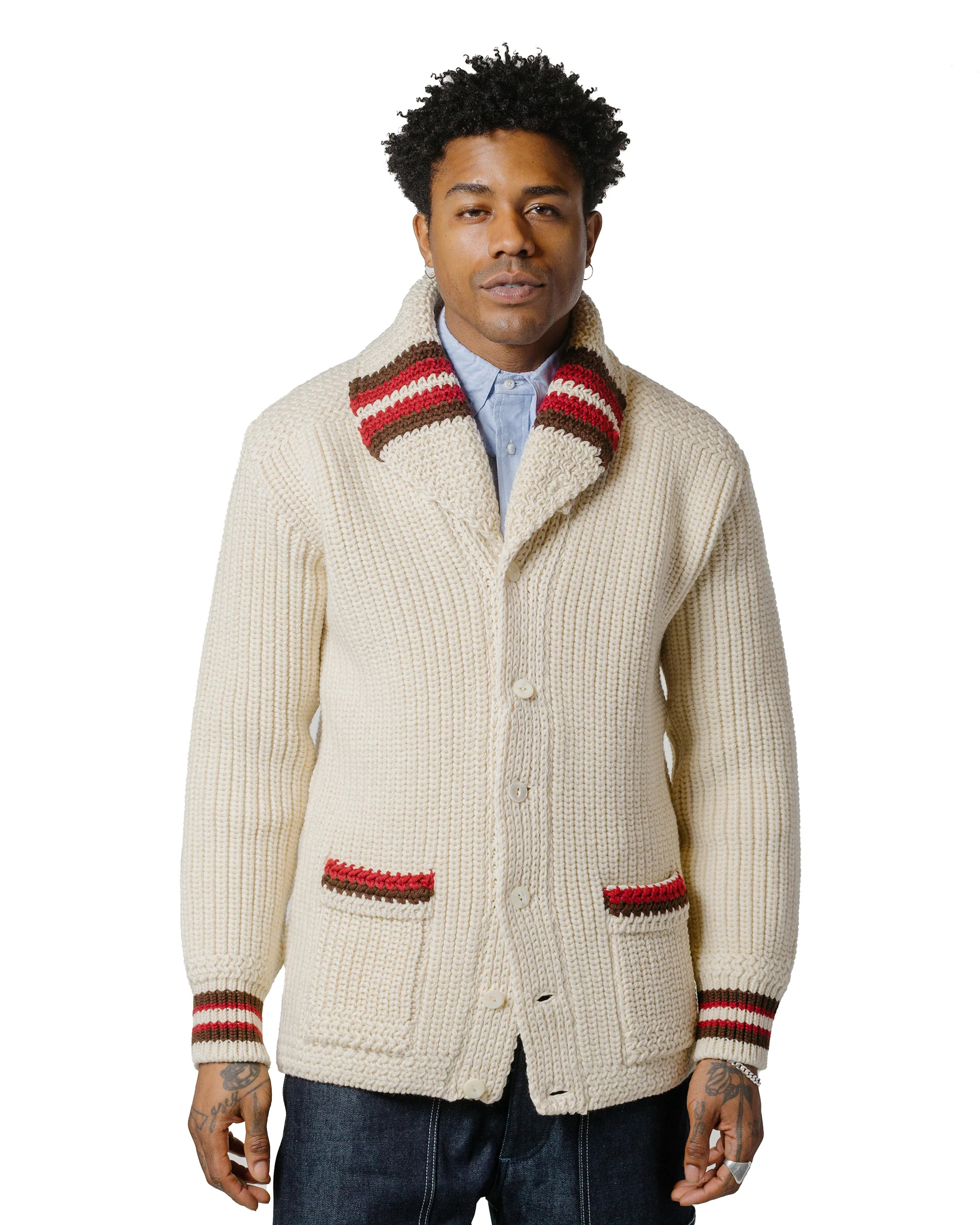 The Real McCoy's MC24111 Striped Shawl Collar Cardigan Ecru - Image 2