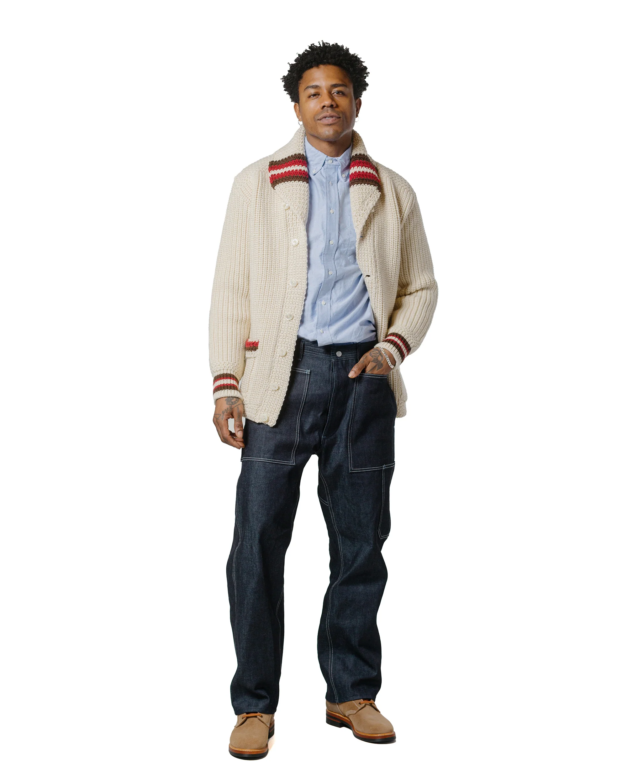 The Real McCoy's MC24111 Striped Shawl Collar Cardigan Ecru - Image 4