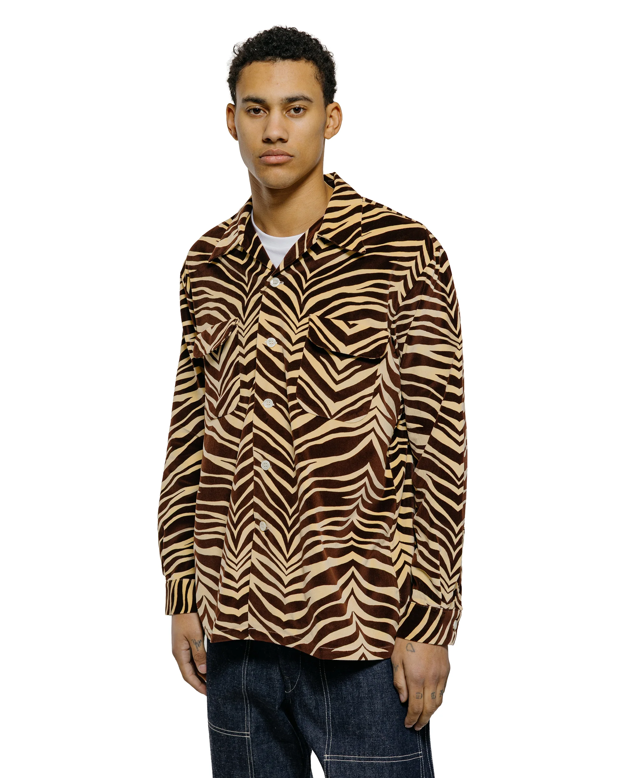 The Real McCoy's MS25108 Printed Velour Open-Collar Shirt Zebra Print - Image 2