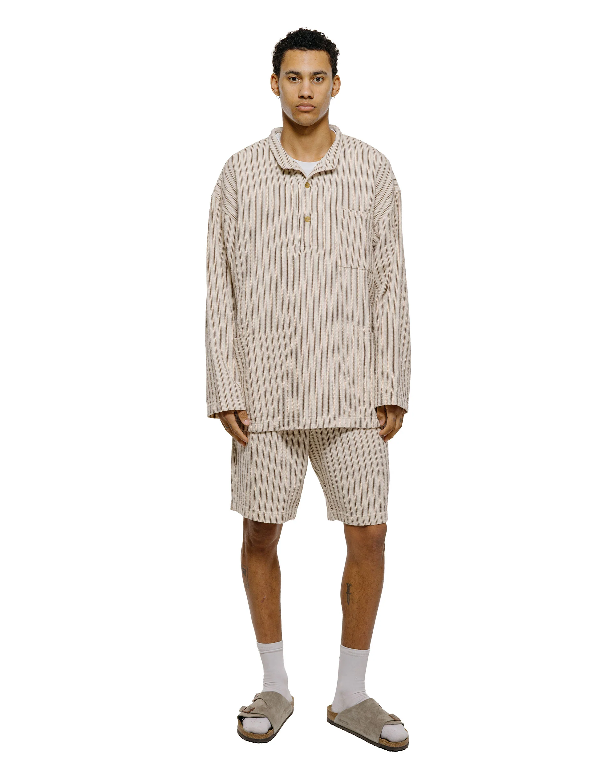 ts(s) Pullover Work Shirt Jacket Rustic Stripe Cotton Mesh Cloth Brown - Image 4