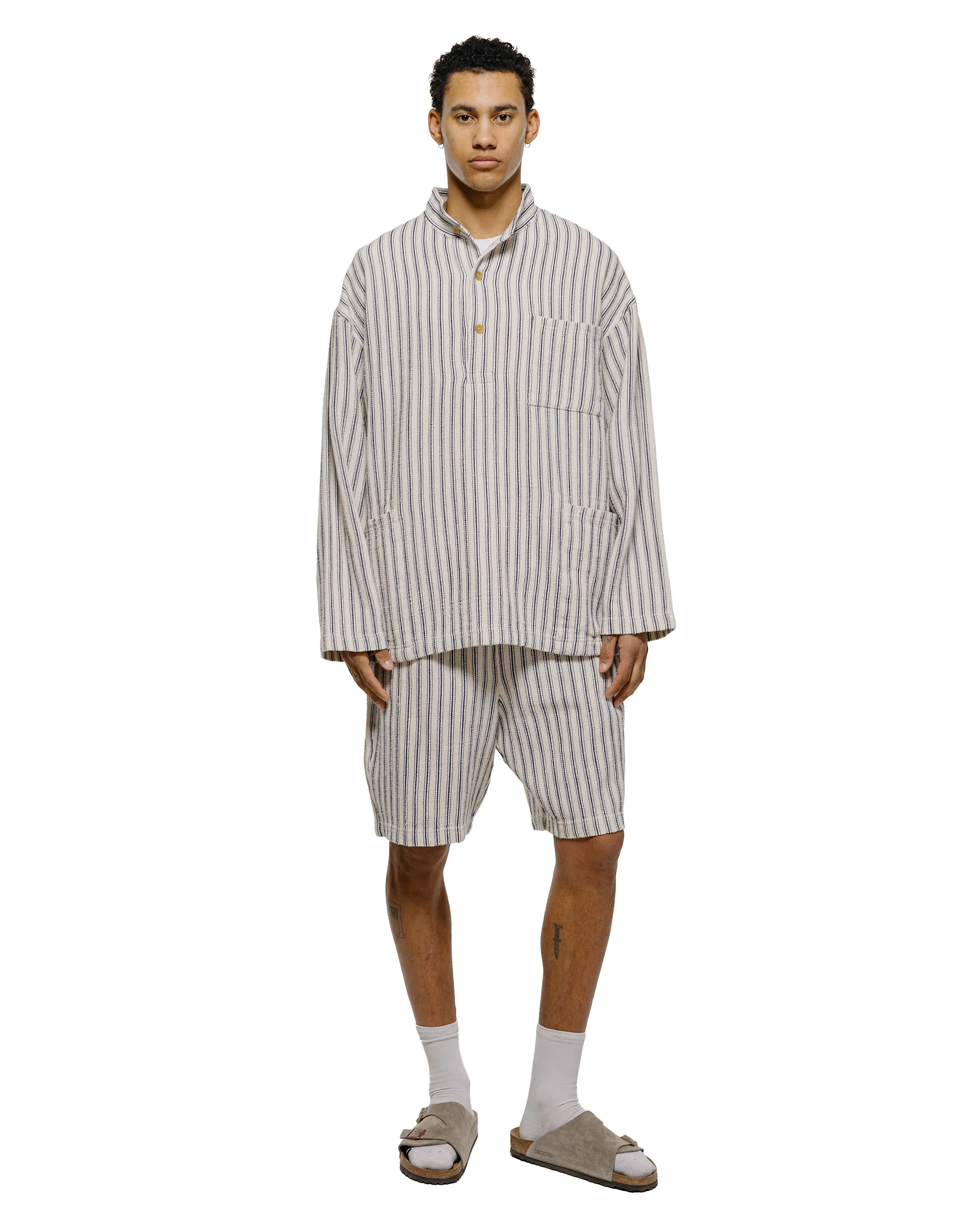 ts(s) Pullover Work Shirt Jacket Rustic Stripe Cotton Mesh Cloth Navy - Image 4