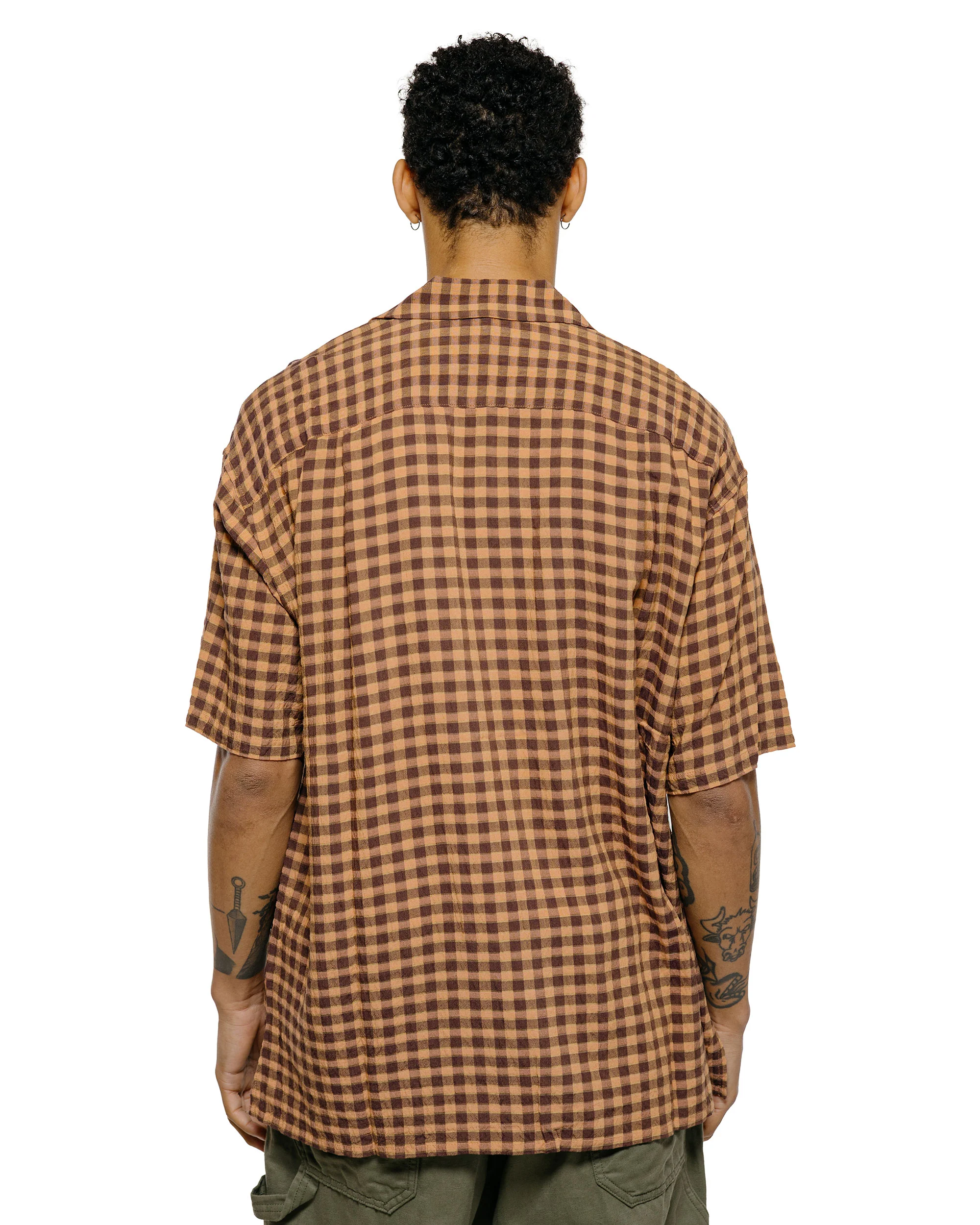 ts(s) Round Flap Pocket Short Sleeve Shirt Gingham Plaid Viscose/Nylon Crinkle Cloth Brown - Image 3