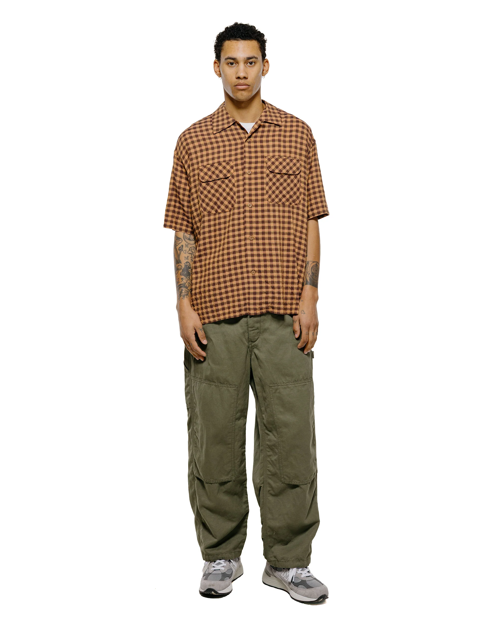 ts(s) Round Flap Pocket Short Sleeve Shirt Gingham Plaid Viscose/Nylon Crinkle Cloth Brown - Image 4