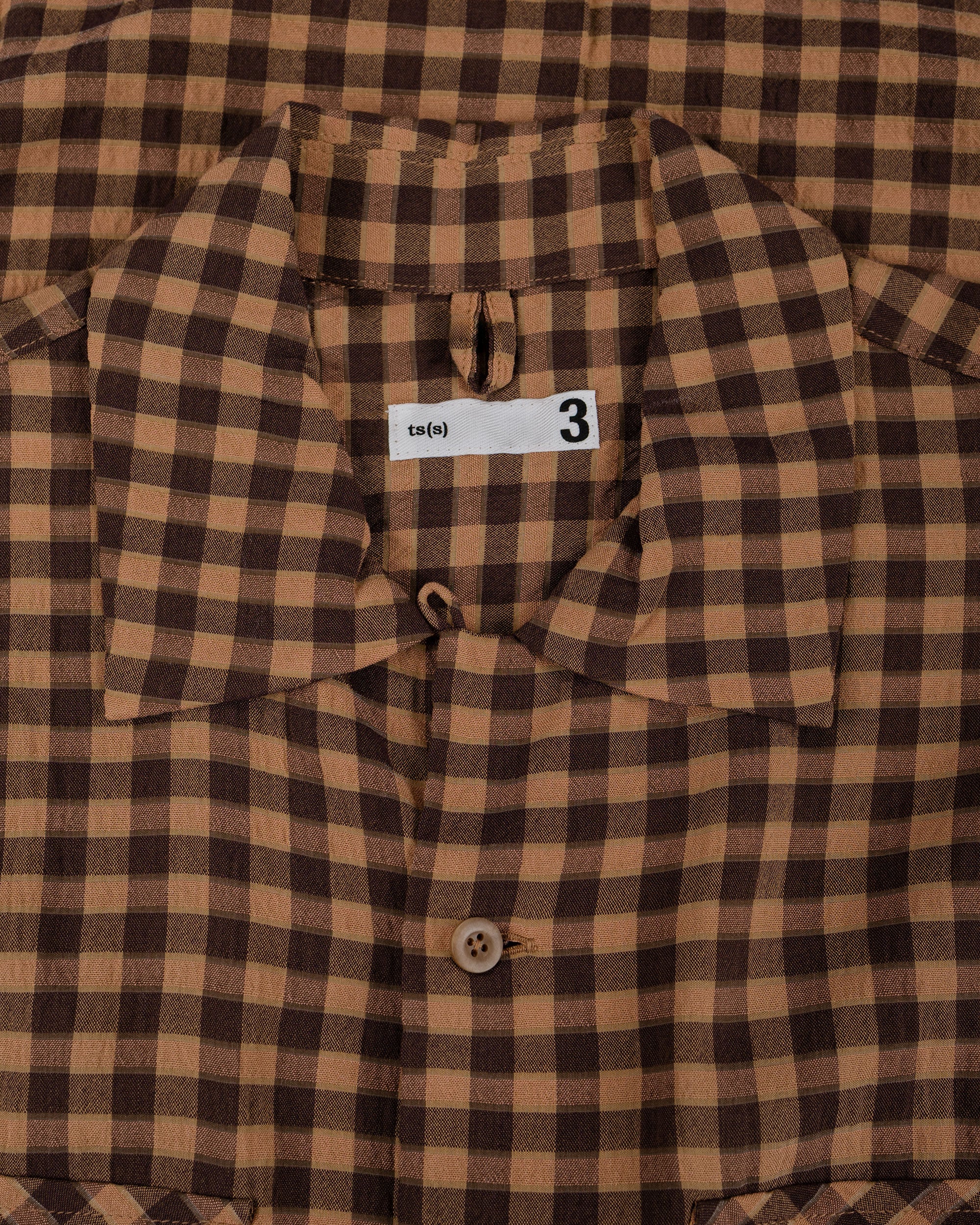 ts(s) Round Flap Pocket Short Sleeve Shirt Gingham Plaid Viscose/Nylon Crinkle Cloth Brown - Image 5