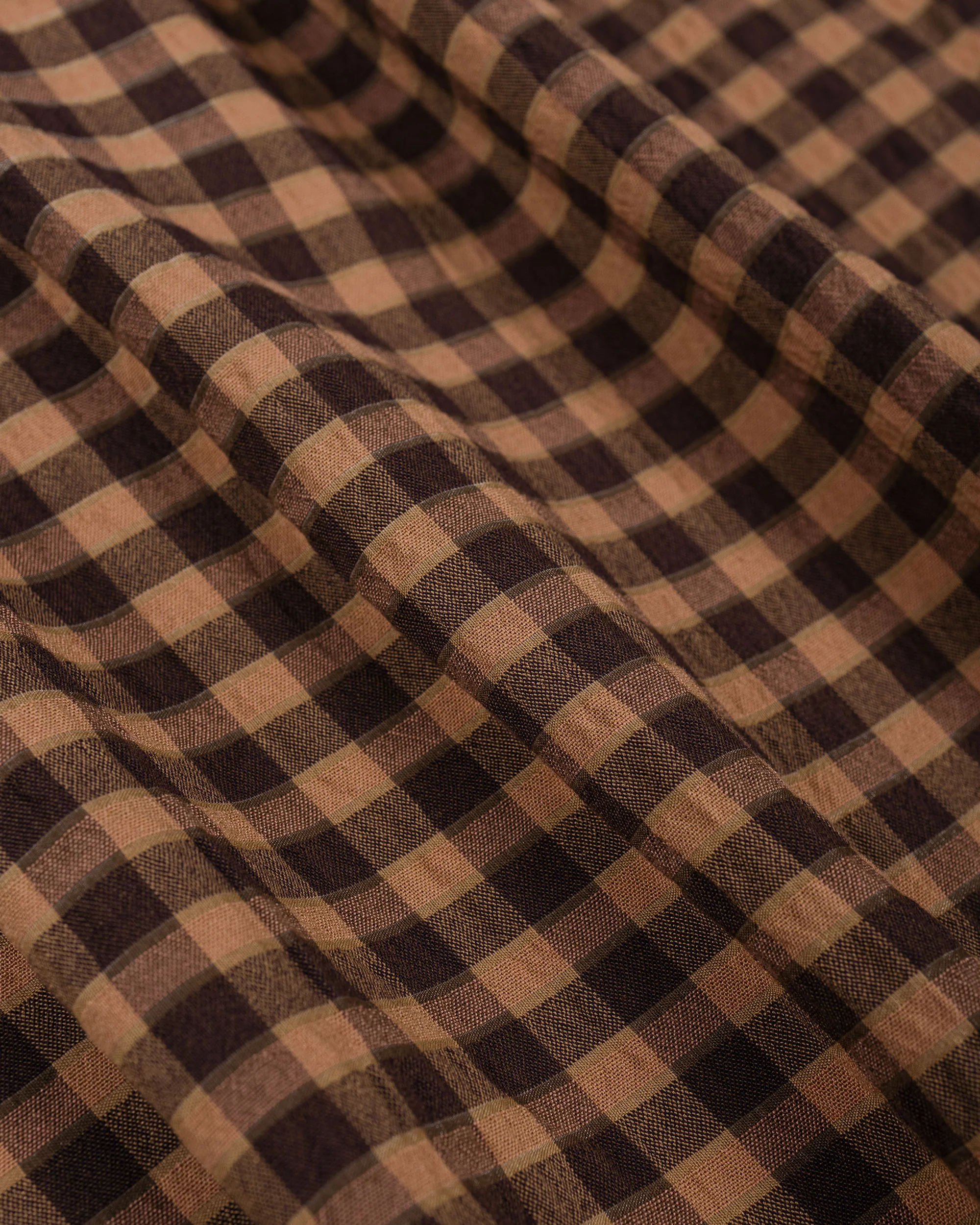 ts(s) Round Flap Pocket Short Sleeve Shirt Gingham Plaid Viscose/Nylon Crinkle Cloth Brown - Image 6