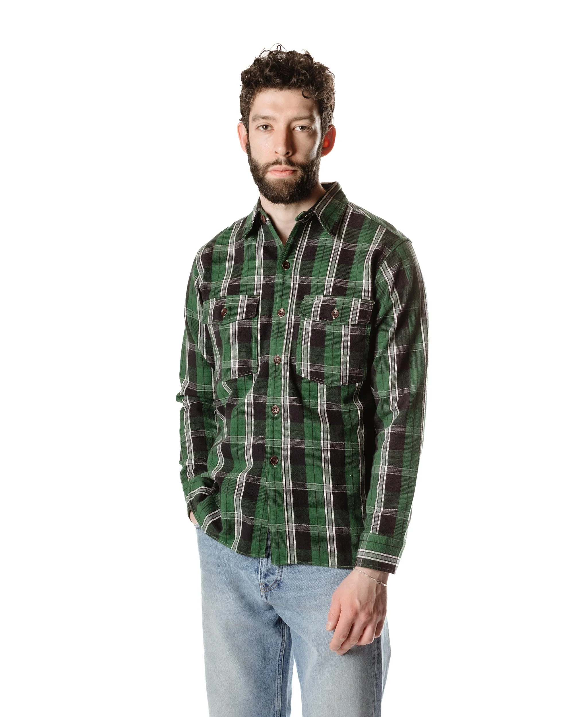 Warehouse Lot. 3022 Flannel Shirt With Chinstrap G Pattern Green (One Wash) - Image 3