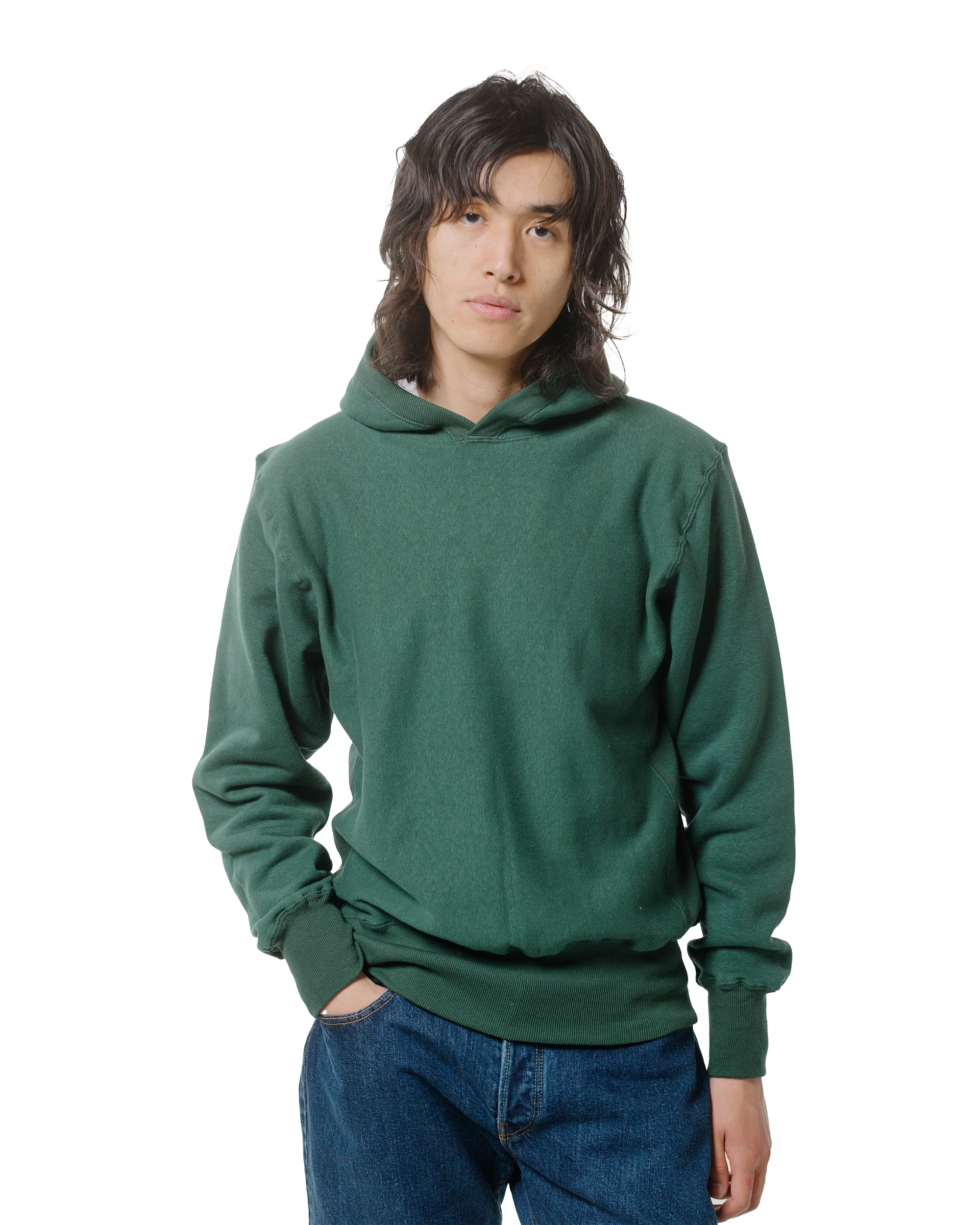 Warehouse Lot. JG-CS17 Rib-Trimmed RW Hoodie No Print Dark Green - Image 2